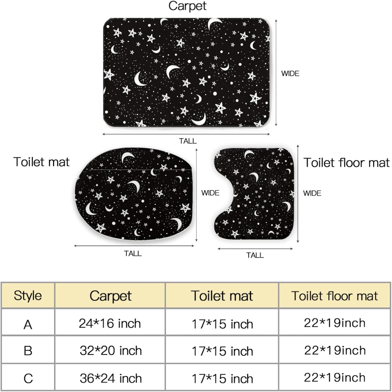 Black White Moon and Star Pattern Bathroom Rug Mat Set 3 Piece Bath Mat Toilet Lids U-Shape Contour Rug Soft Non Slip Absorbent Bathroom Decor - C (24 x 36 inches)