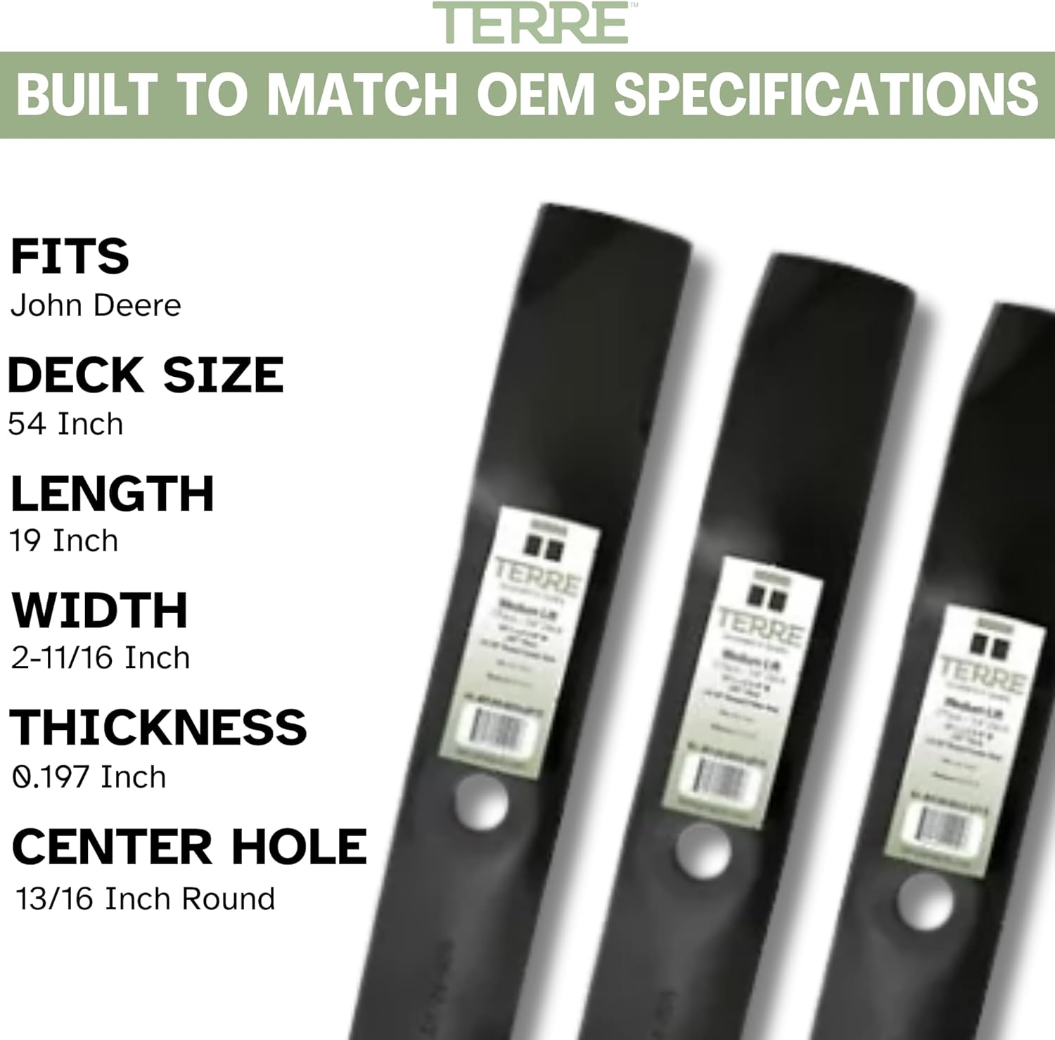 Terre Products, 3 Pack Medium Lift Lawn Mower Blades, 54 Inch Deck, Compatible with John Deere LX280, X380, X384, X390, X394, GX255, GX325, GX335, Z425, Z435, Z445 and More, Replaces M143520, UC22010
