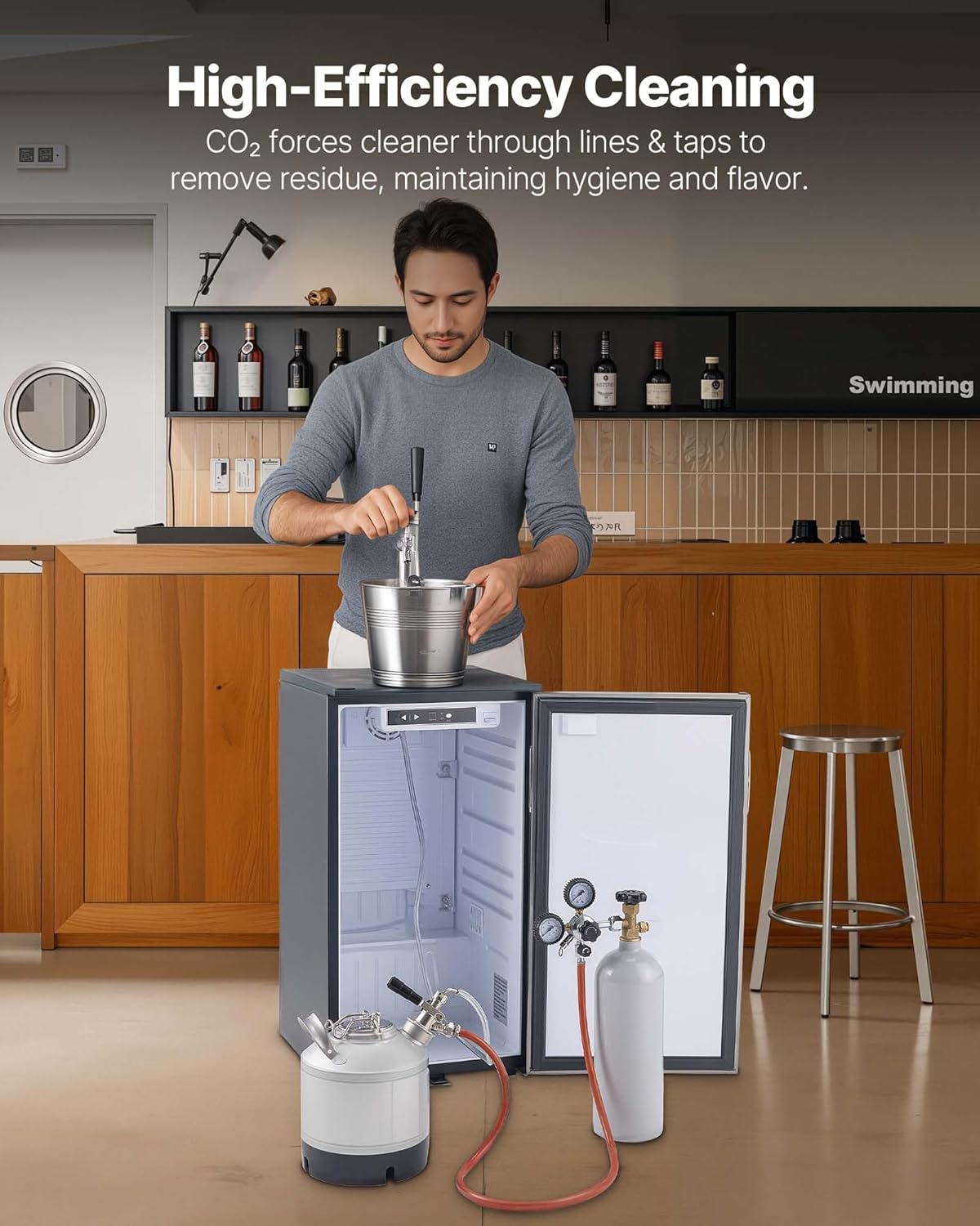 VEVOR Cleaning Keg, 1.75 Gallon/6.5L Keg Line Cleaning Kit with D Coupler Connection & Rubber Base, Beer Lines Cleaner Used for Beer Line Cleaning, 304Stainless Steel Kegerator Beers Lines Cleaner Kit