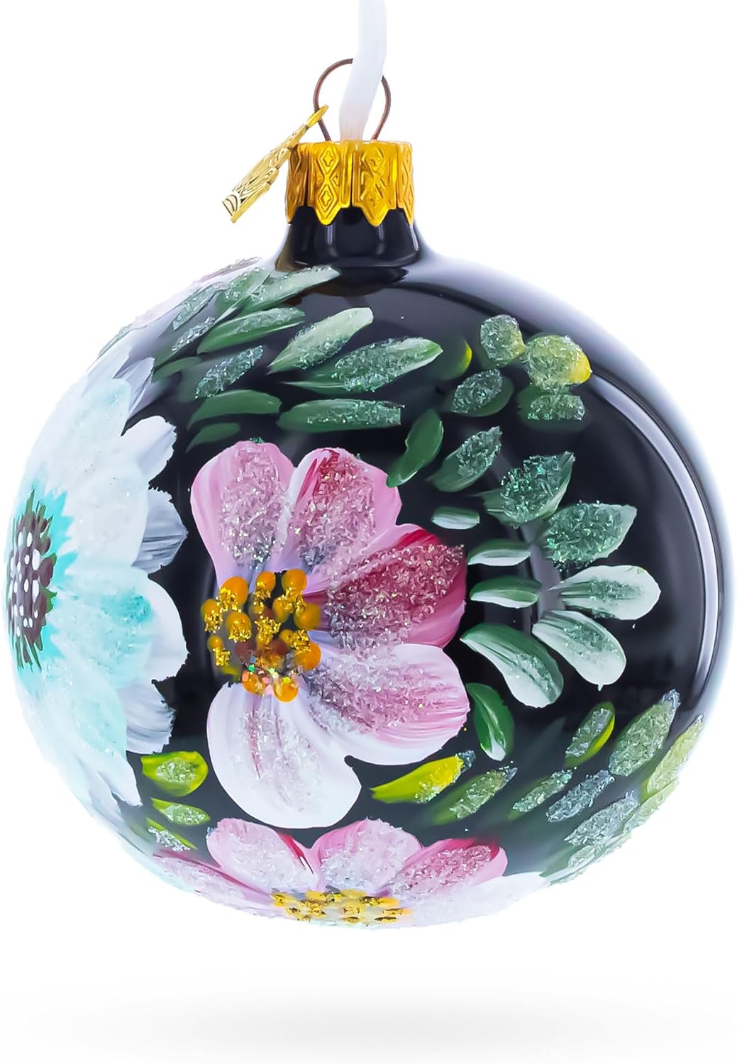 Pink and White Floral Blossoms Glass Ball Christmas Ornament 3.25 Inches - Image 2