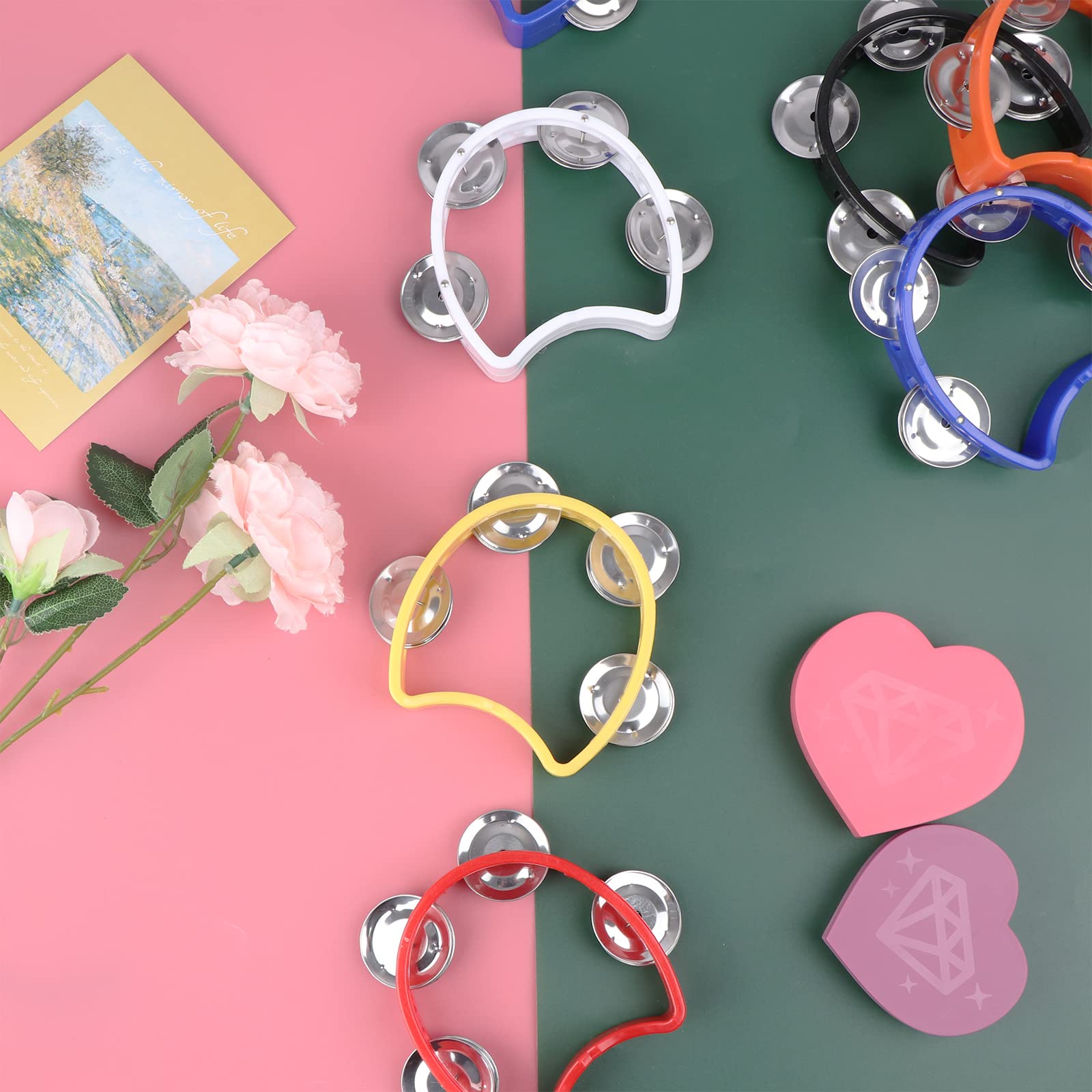 Pandereta de media luna 30 piezas de pandereta con campanas de plástico para niños, pandereta de mano con 4 campanas, instrumentos de percusión para adultos, niños, niños pequeños en casa o fiestas