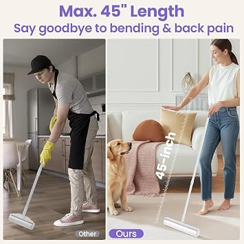 DELOMO 14.17” Large Lint Roller for Pet Hair, Long Handle for Floor, Carpet | 45” Long Lint Roller, 360 Extra Sticky Sheets, No-Bend Cleaning for Couches, Bedding, Car Seats, Rugs and Furniture