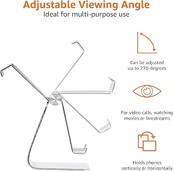 Amazon Basics Adjustable Aluminum Phone Stand for Cell Phones, iPhone and Android, Desktop Phone Holder with Adjustable Angle, Hands-Free Viewing, 3.15 x 2.87 x 3.74 inch, Silver