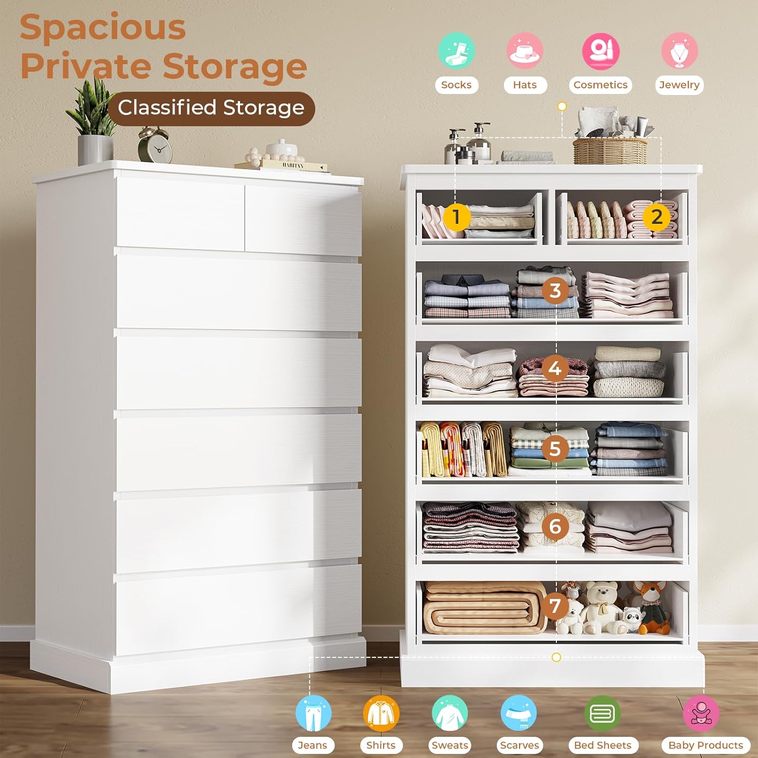 Image illustrating the spacious and classified storage within the 7 drawers, showing various items like socks, hats, cosmetics, jewelry, jeans, shirts, and bed sheets organized.