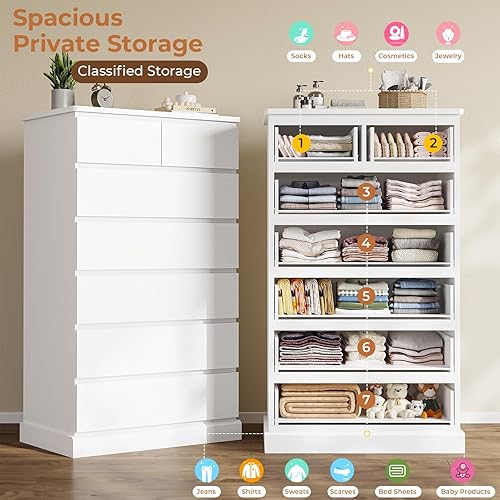 Miniatura 4 de DICTAC Cómoda alta blanca para dormitorio con 7 cajones, cómodas y cajoneras altas de 131.6 cm, organizador moderno de armario y gabinete de