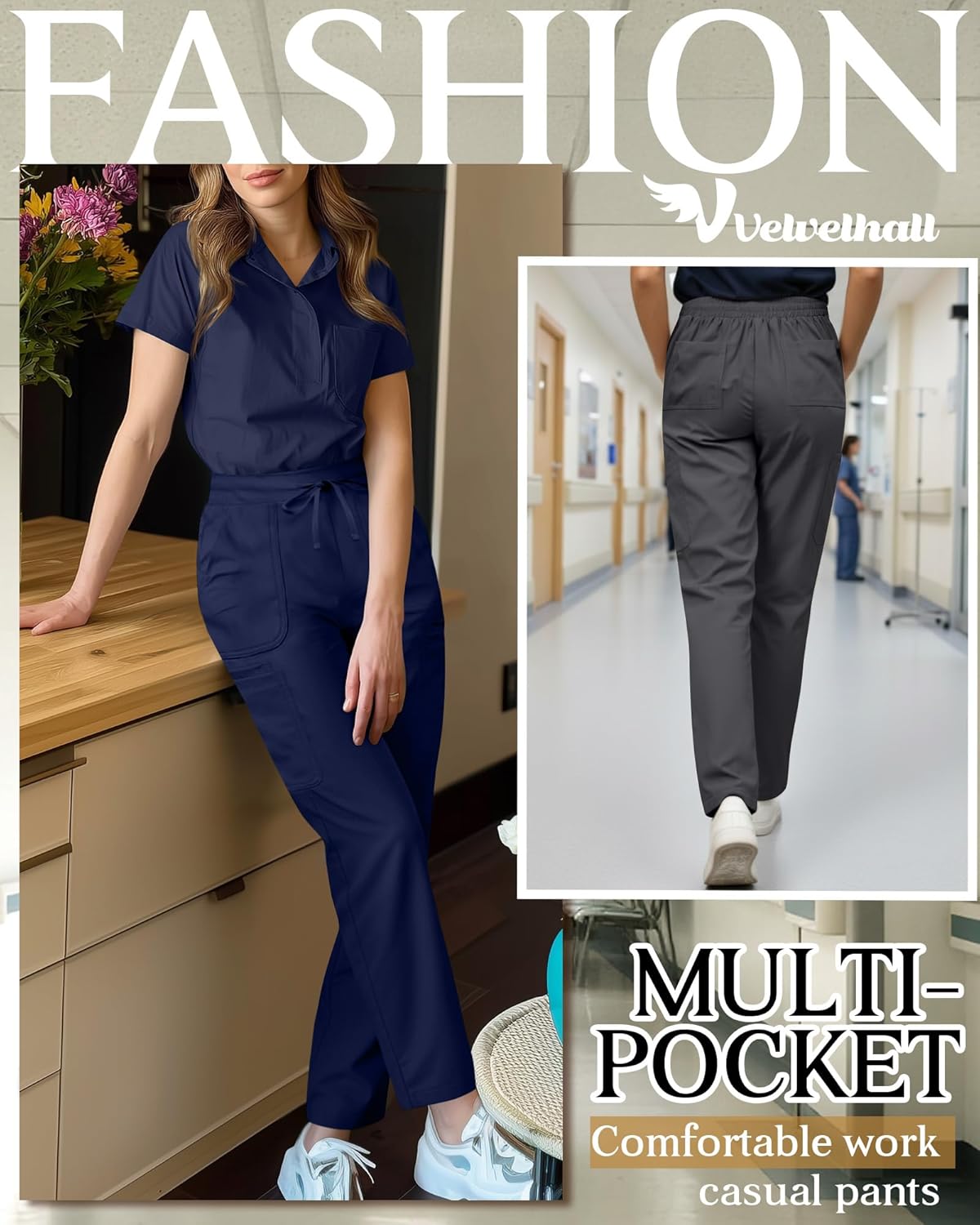 2 Pack Women's Scrub Pants Elastic Waist Drawstring Cargo Pants with 8 Pockets Straight Leg Casual Joggers - Image 6