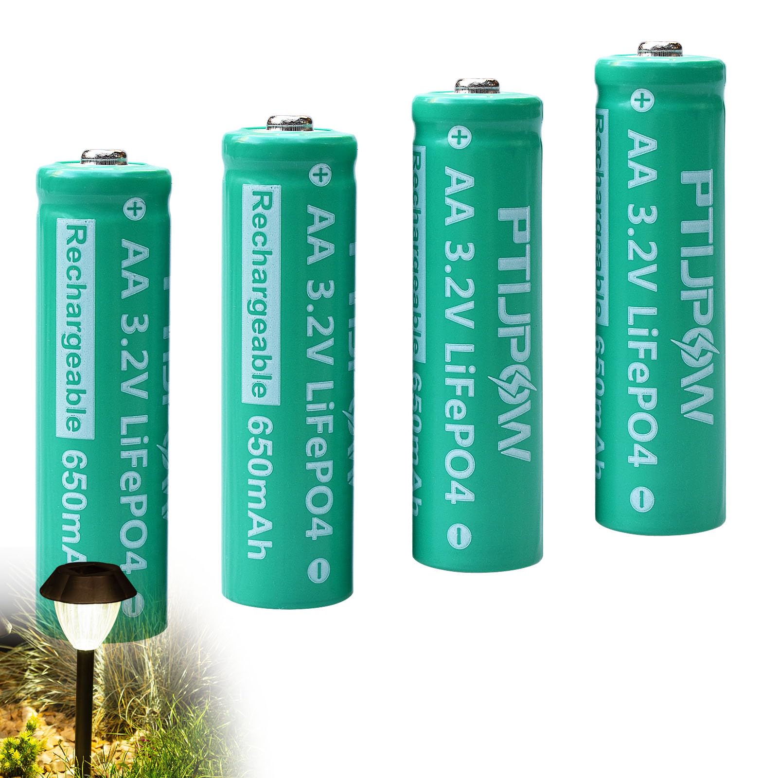 PTIJPOW AA 3.2V LiFePo4 650mAh Solar Battery, AA 3.2V Lithium Iron Phosphate Rechargeable Battery for Garden Solar Light- (4-Pack)