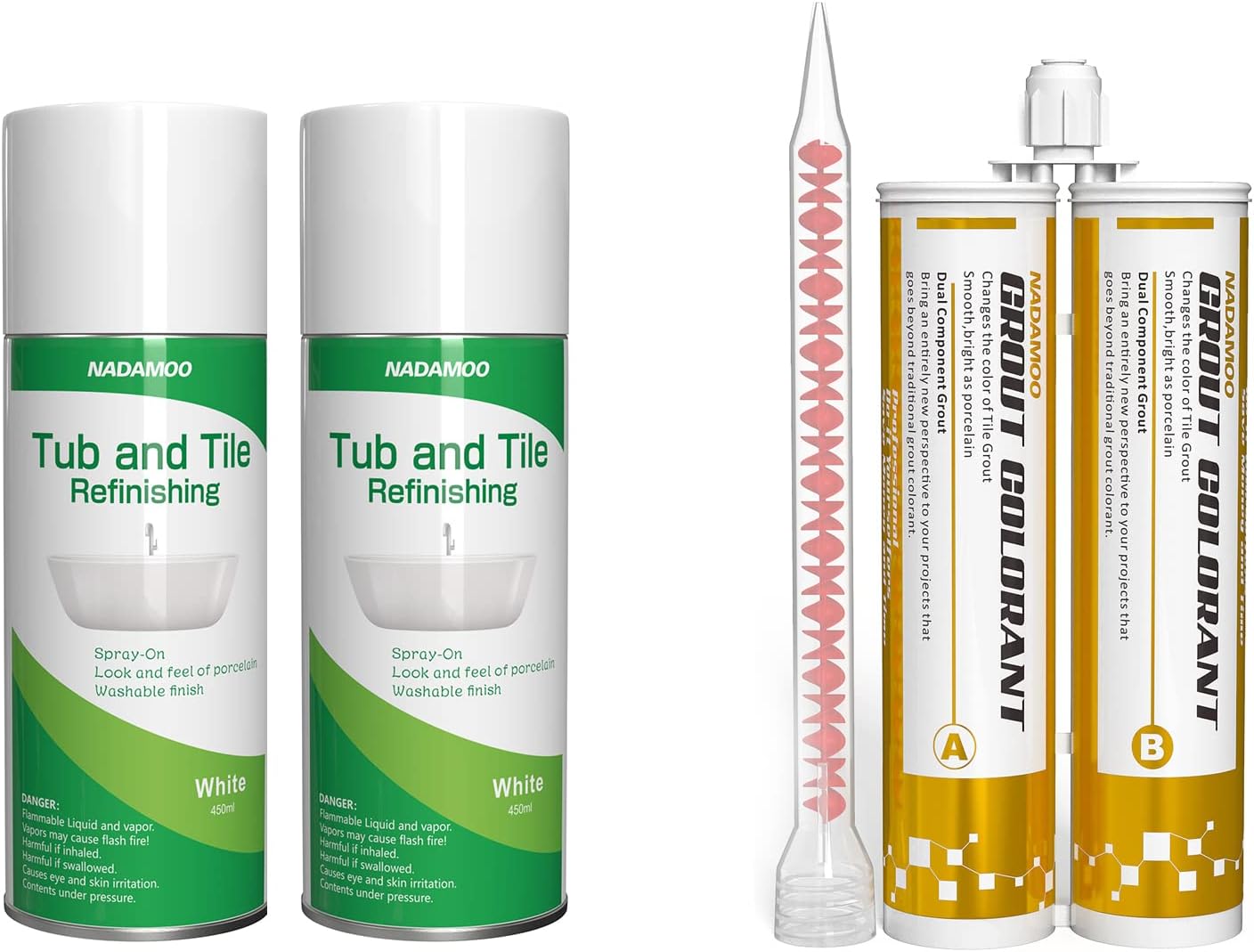 NADAMOO Tub and Tile Spray Paint + Dual Tubes Epoxy Grout Bright Porcelain White