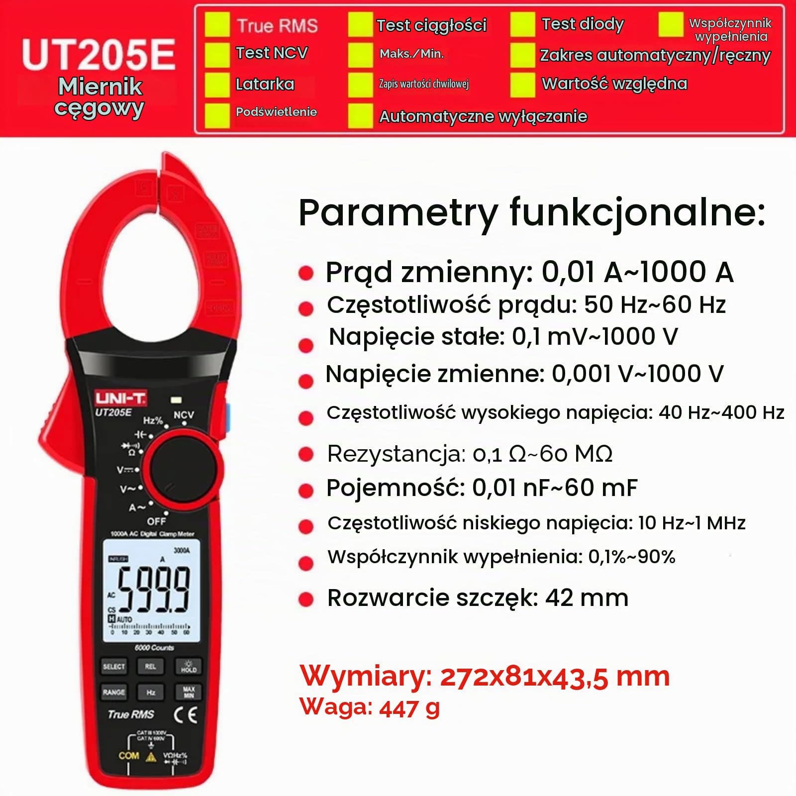 UNI-T UT205E UT200 Series True RMS Digital Zacisk Metro, 1000A AC/DC, 10Hz-1MHz