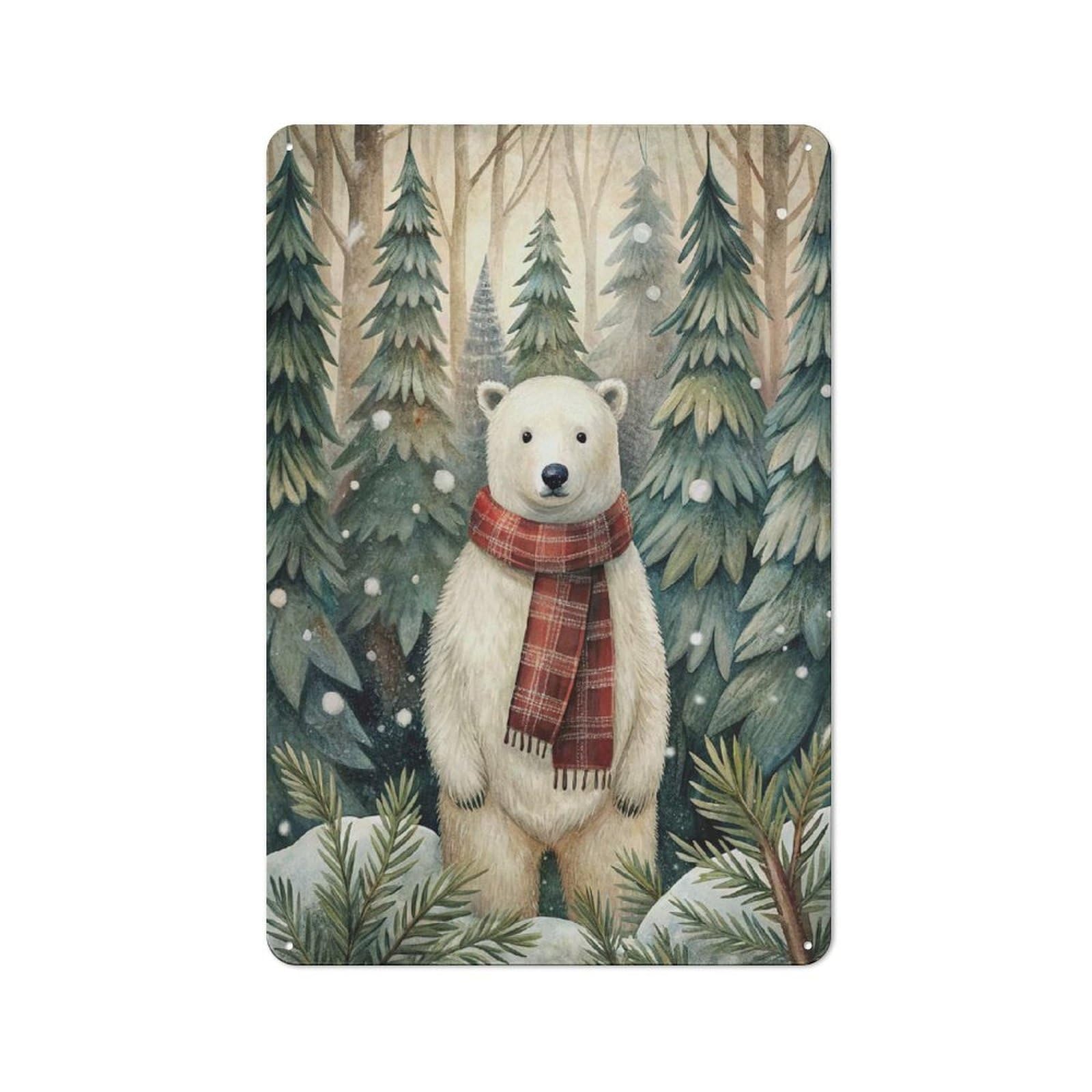 For Garage Or Workshop, Winter Bear with Scarf in Forest Rustic Metal Plaque 30x20cm, Suited to Wall Displays in Garages And Tool Rooms