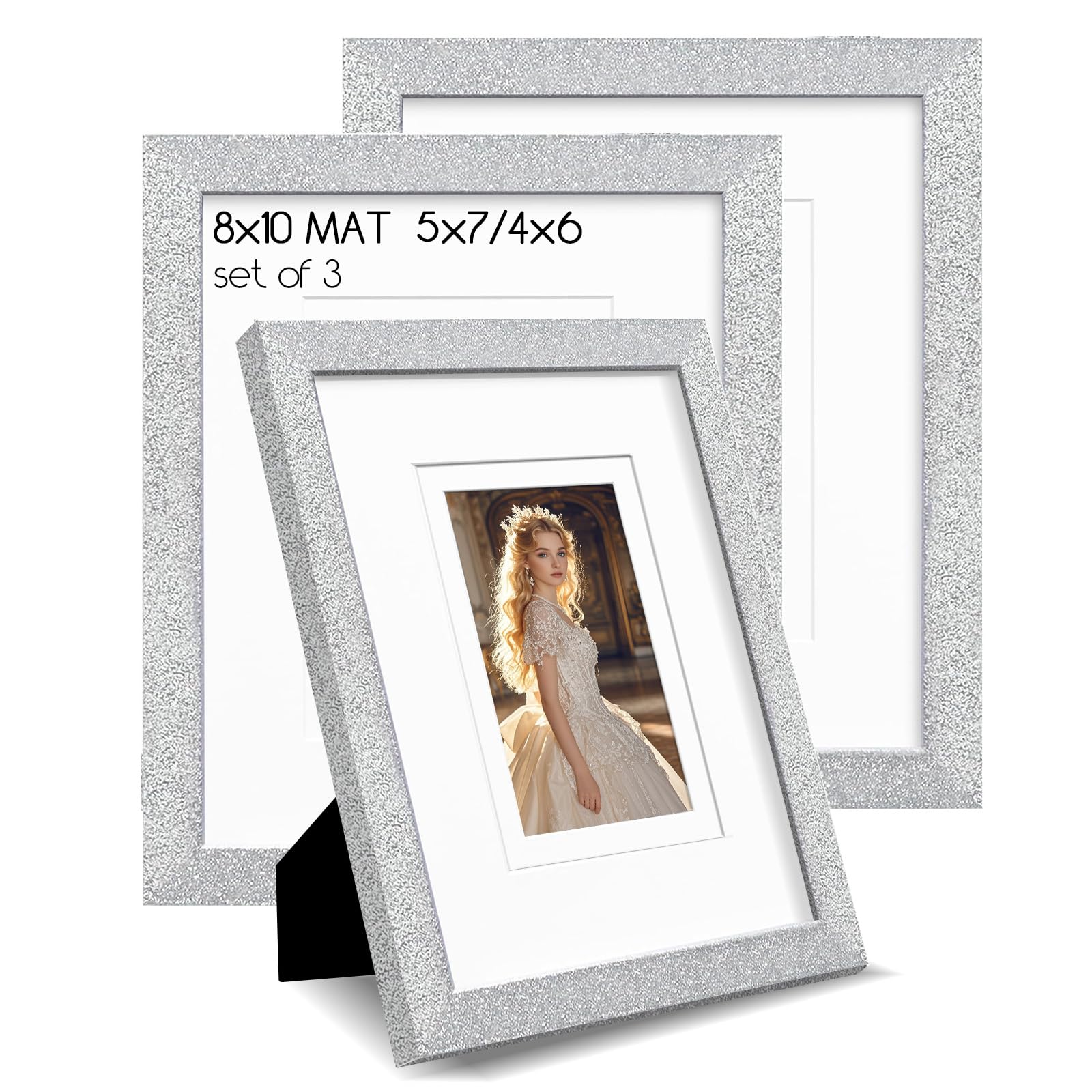 NWDCLF 8x10 Silver Glitter Picture Frame Set of 3, Decorative Sparkling Photo Frame with 5x7/4x6 Mat for Tabletop or Wall Display, Poster Frame with