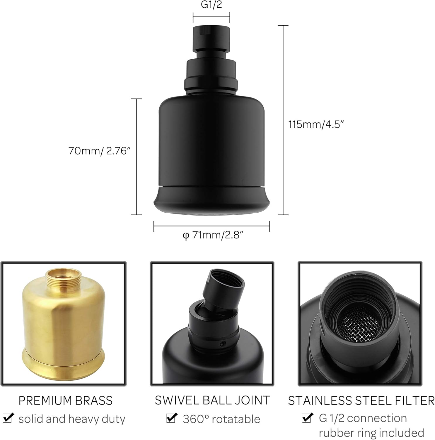 Solid Brass Shower Head - High Pressure Showerhead with Filter and 360 degrees Adjustable Swivel, Replacement for Bathroom Low Flow, Matte Black 2.8 inch Heavy Duty