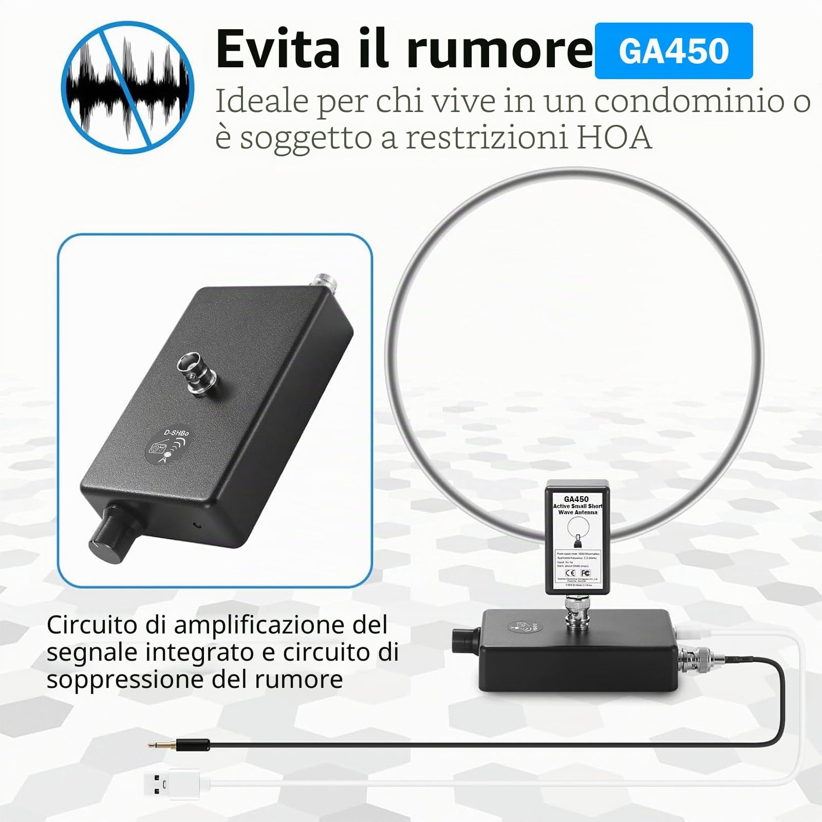 AURSINC GA450 Active Loop Antenna, Antenna Radio Onde Corte con Cavo BNC SW 2.3-30MHz MW 522-1710KHz per Ham Radio