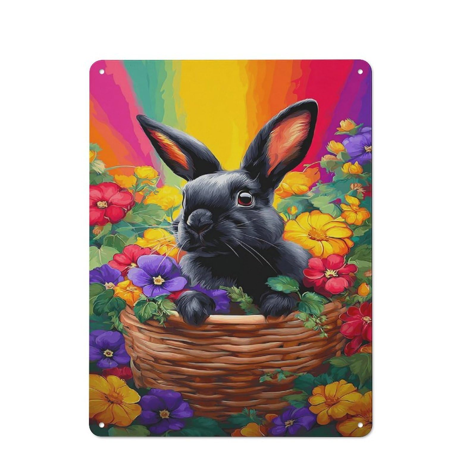 Junmoney Rabbit In A Basket Of Flowers Tin Wall Plaque 40X30cm With For Hallway Wall, With Clear Retro Wall Decor Character