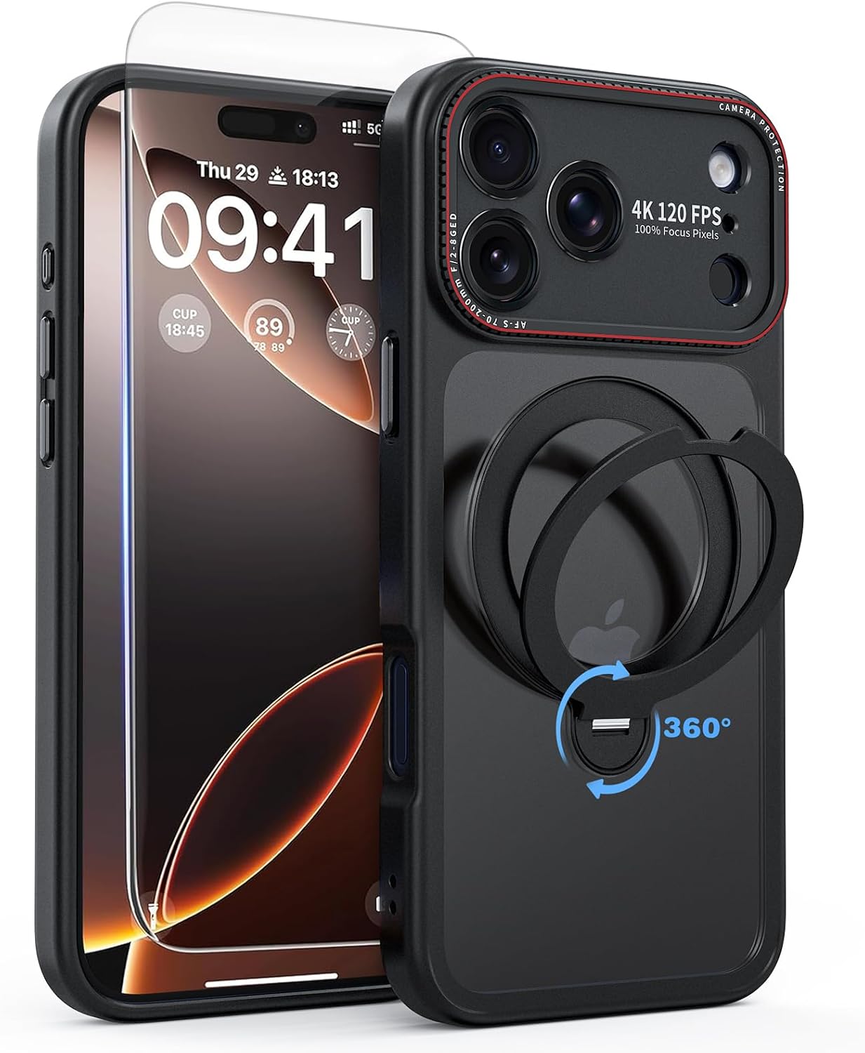 Magnetic Case for iPhone 17 Pro Max with Screen Protector, 360 Spin Mag-Ring Holder Stand [Camera Protection] [Military-Grade] Translucent Matte Shockproof Phone Cover, Black