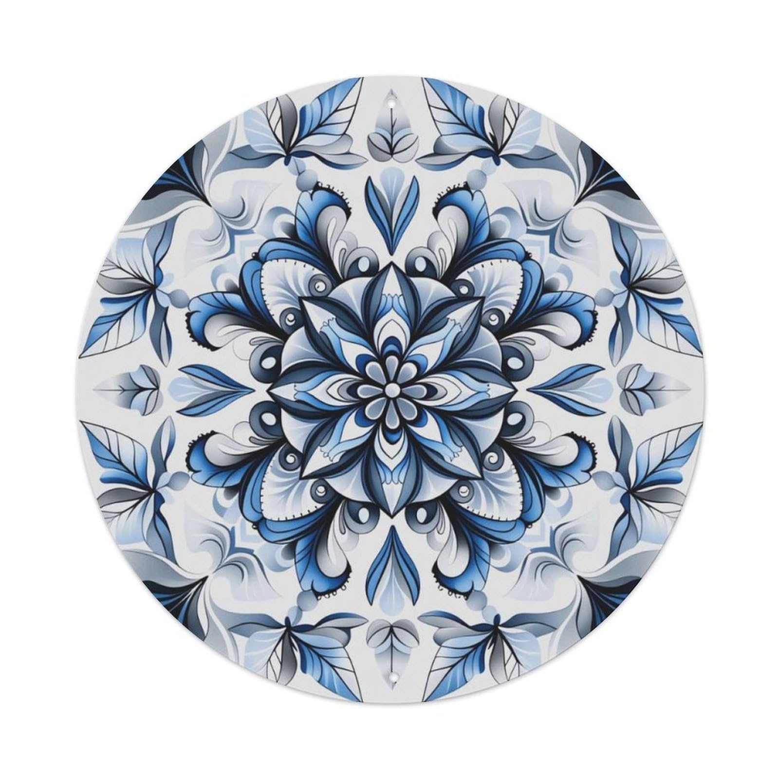 Blue White Floral Mandala Pattern Round Sign Vintage Aluminium Metal Sign, Retro Wall Decor for Home, Bar, Garage & Farmhouse 20x20cm