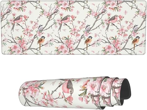 Famame Laptop Mouse Pad Birds Peach Blossom Desk Mat with Stitched Edges 31.5X 11.8 inch Non-Slip Large Keyboard Rubber Writing Table Mat for Office Home