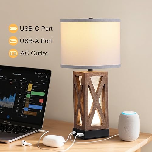 Miniatura 4 de Lámpara de mesa de madera, lámpara de mesita de noche vintage con puertos de carga USB AC, lámparas de noche de granja para sala de estar