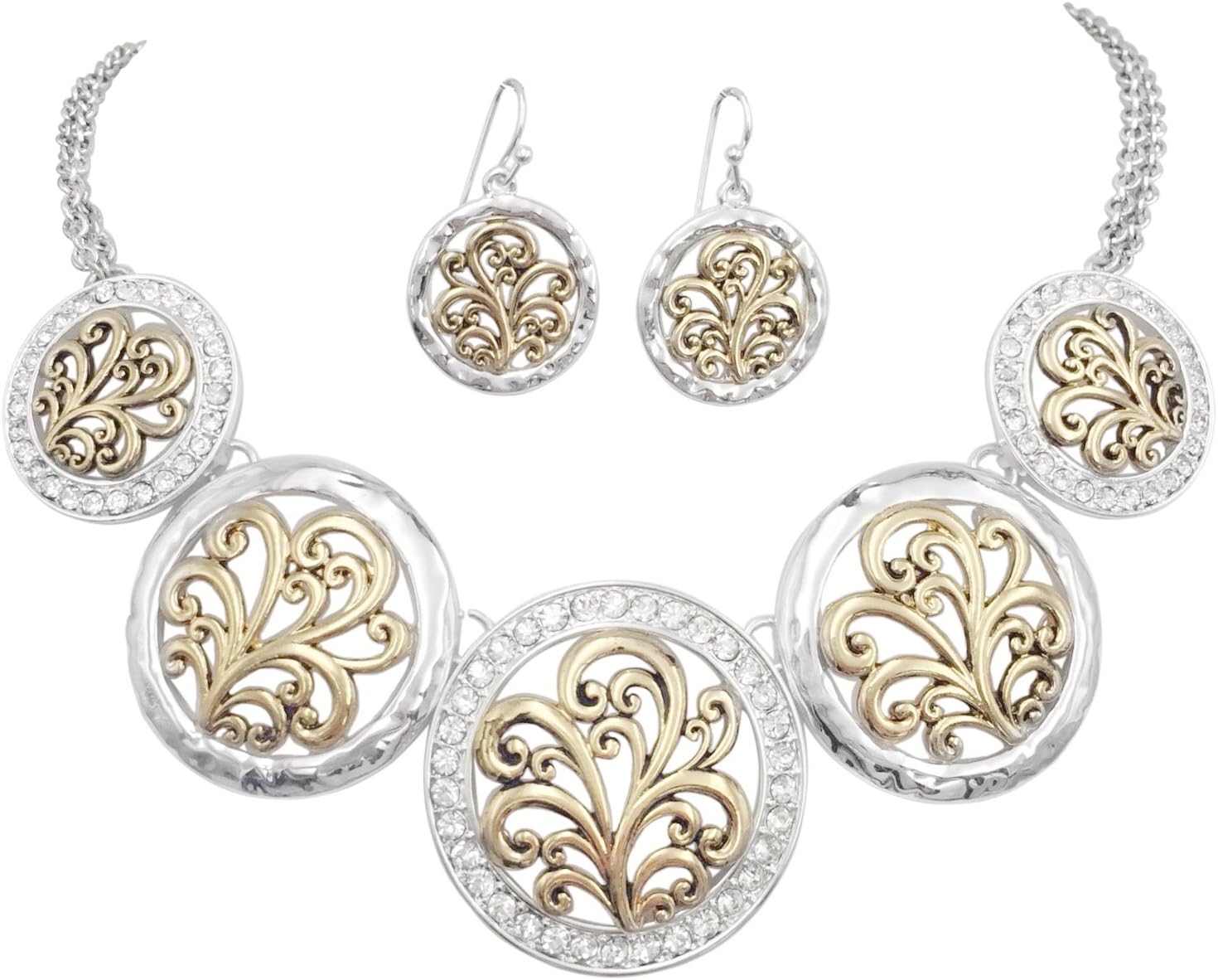 Gypsy Jewels 5 Disk Filigree Wave Swirl Bib Statement Necklace & Dangle Earring Set (Silver Tone & Gold Tone with Rhinestones)