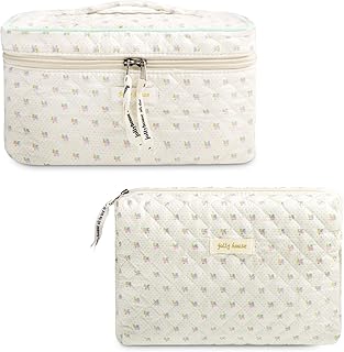 Quilted Cotton Makeup Bag 2pcs Floral Cosmetic Bag Coquette Aesthetic Makeup Organizer with Zipper Handle Toiletry Bag Cute Flower Makeup Pouch for Women Girls Travel Must Have Bags Beige