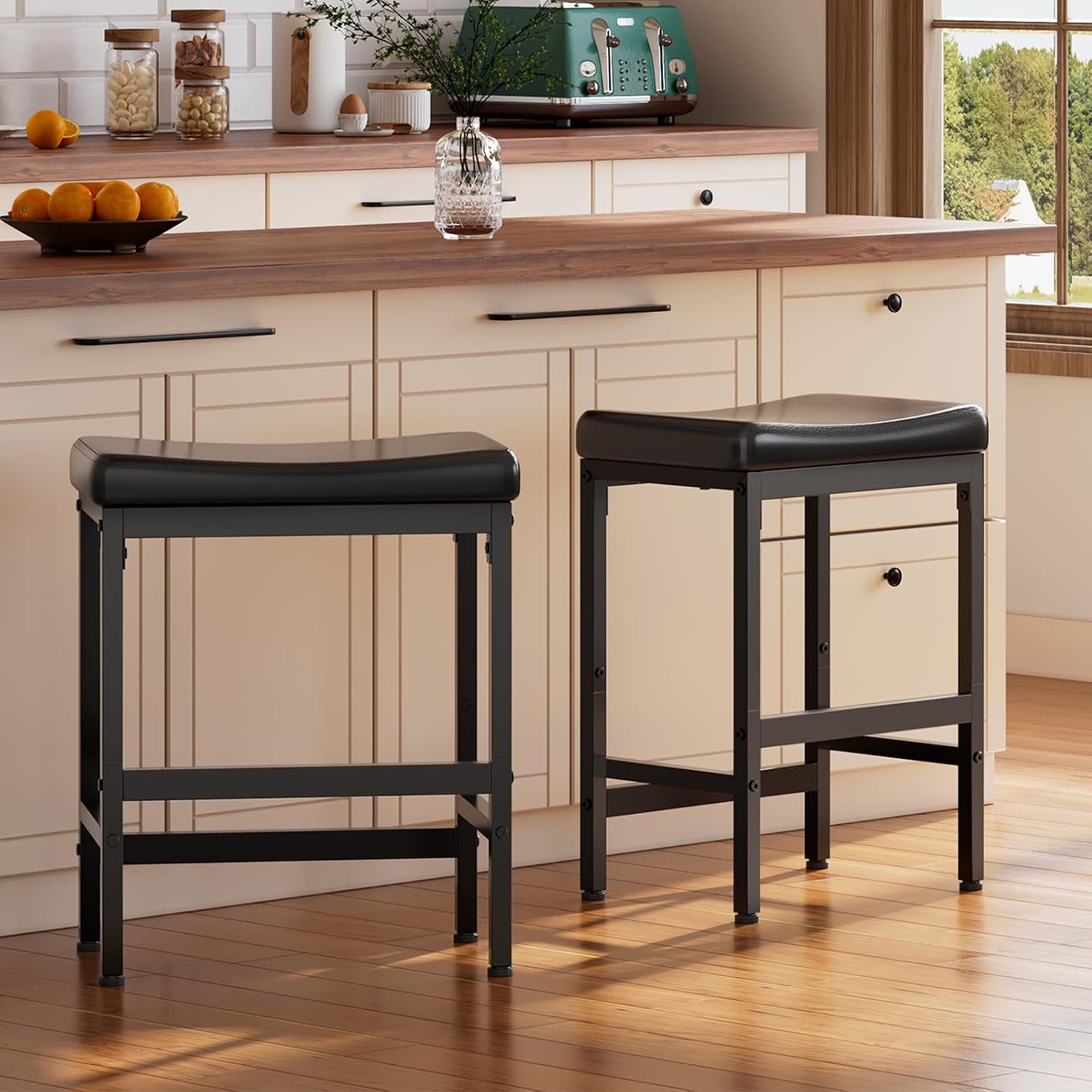 RALGEND Bar Stools, Counter Height Bar Stools Set of 2, 24" Saddle Barstools with Curved Surface, Counter Stools with Footrest, Kitchen Stools with Thick Upholstery, for Dinning Cafe, Black 6801BYP2BB