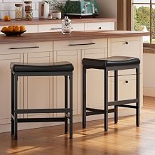 RALGEND Bar Stools Set of 2, Compact Counter Height Stools, 24" Saddle Barstools with Curved Surface, Kitchen Breakfast Stools with Footrest, Thick Upholstery, for Dinning Cafe, Black 6801BYP2BB