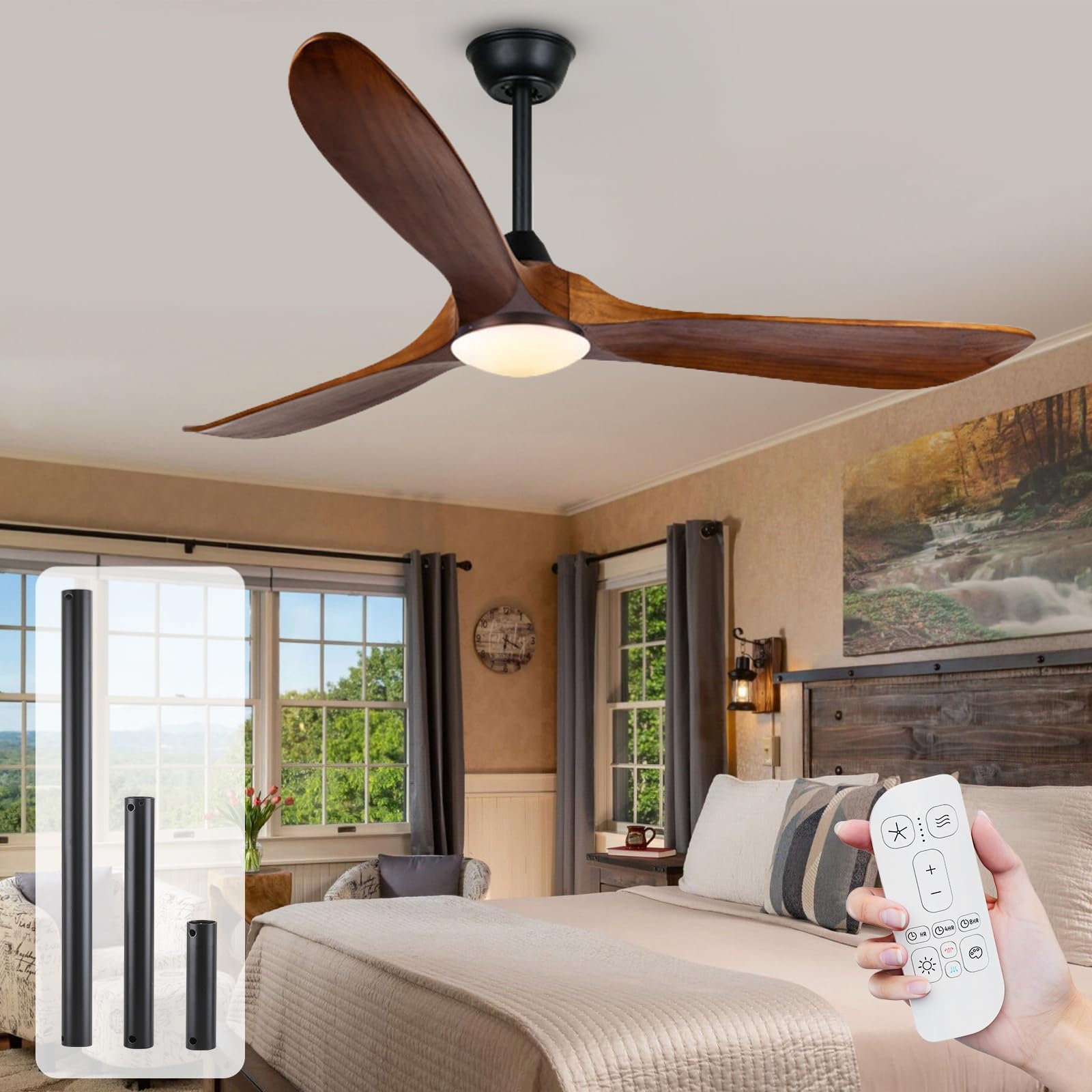OUENGK Ceiling Fans with Lights and Remote, 52 Inch Modern Ceiling Fan with Dimmable LED Lights, 3 Wood Blades, 6 Speeds Quiet Reversible Ceiling Fan for Bedroom, Living Room, Outdoor Patio, Porch