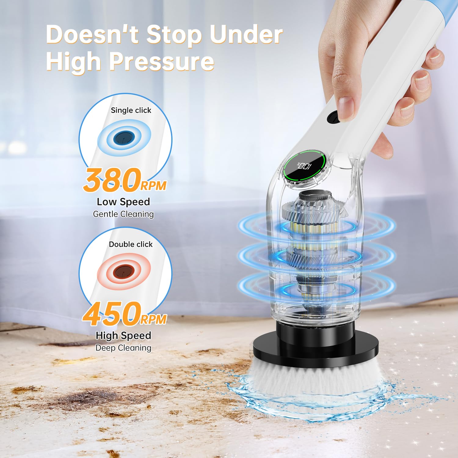 Estropajo eléctrico giratorio, limpiador de ducha inalámbrico con 8 cepillos de fregar, 2 velocidades con mango de extensión ajustable, pantalla de nivel de batería, limpiador eléctrico para baño,