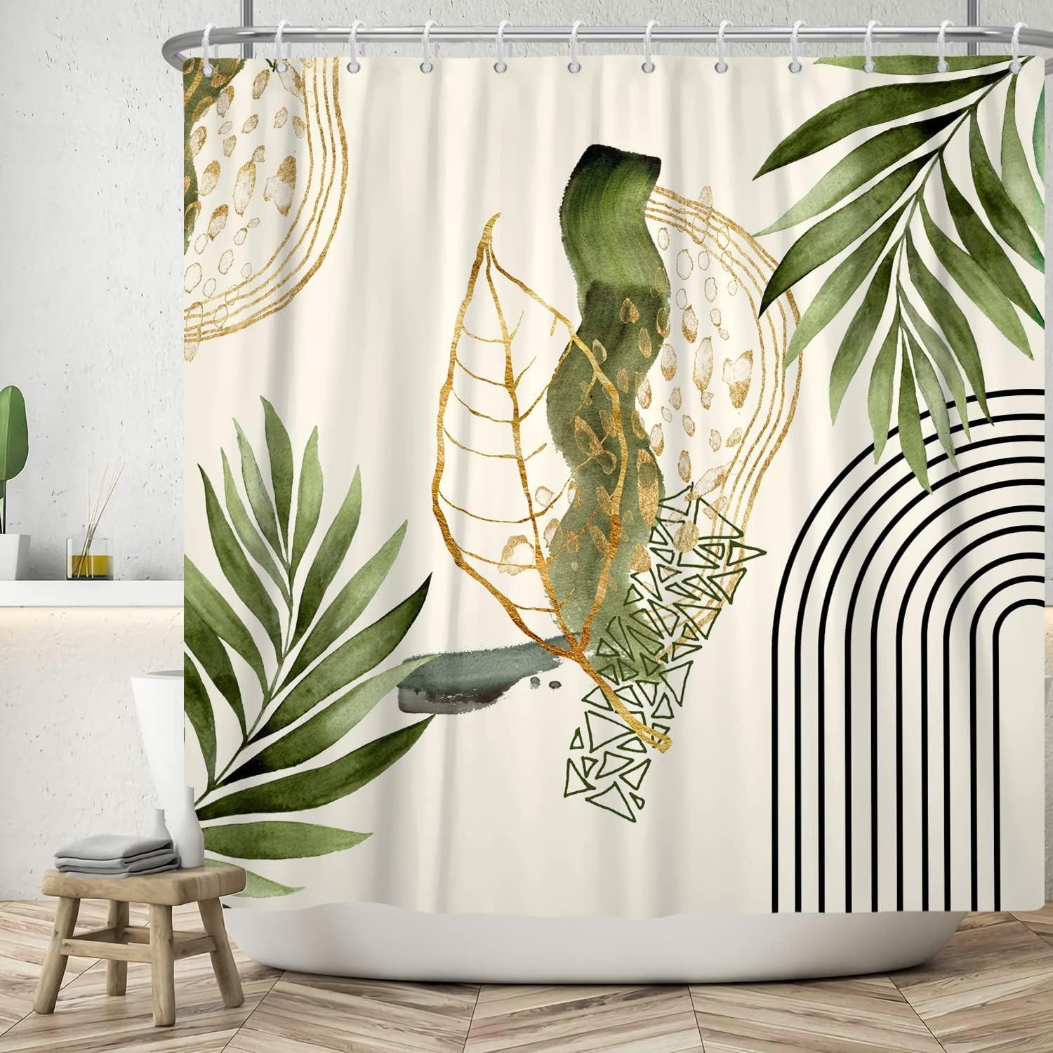 ASDCXZ Boho Leaves Shower Curtain 180x180 cm, Modern Abstract Art Boho Style Gold Green Leaves Line Bath Washable Shower Curtains Polyester Textile Waterproof Shower Curtain for Bathtub with 12 Hook — image 1