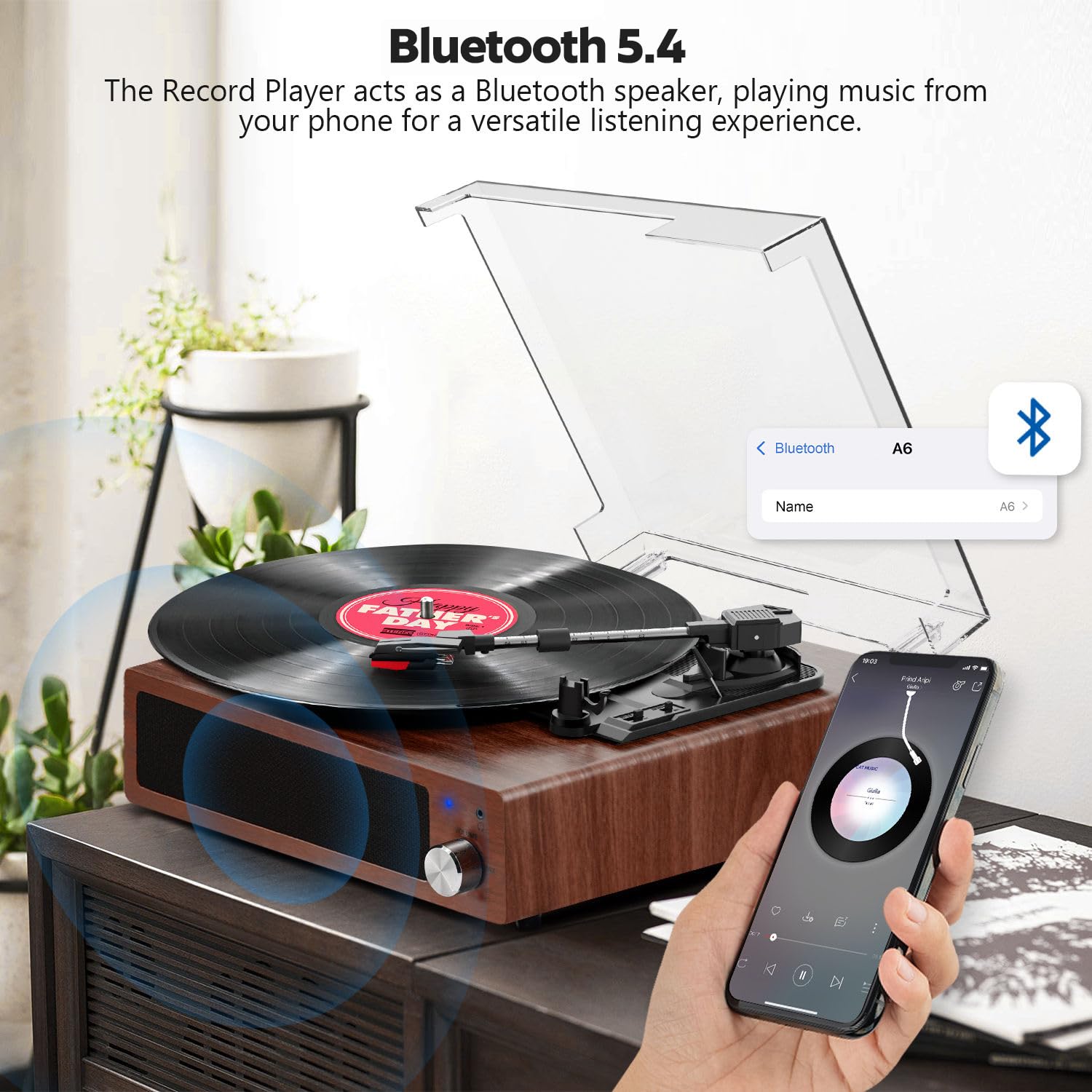 FYDEE Plattenspieler, Bluetooth 5.4 Schallplattenspieler mit Einstellbarer Auflagekraft, 2x3W Stereo Lautsprecher, 3 Geschwindigkeiten Record Player für Wohnzimmer, RCA/AUX, Auto-Stopp, Dunkelrot