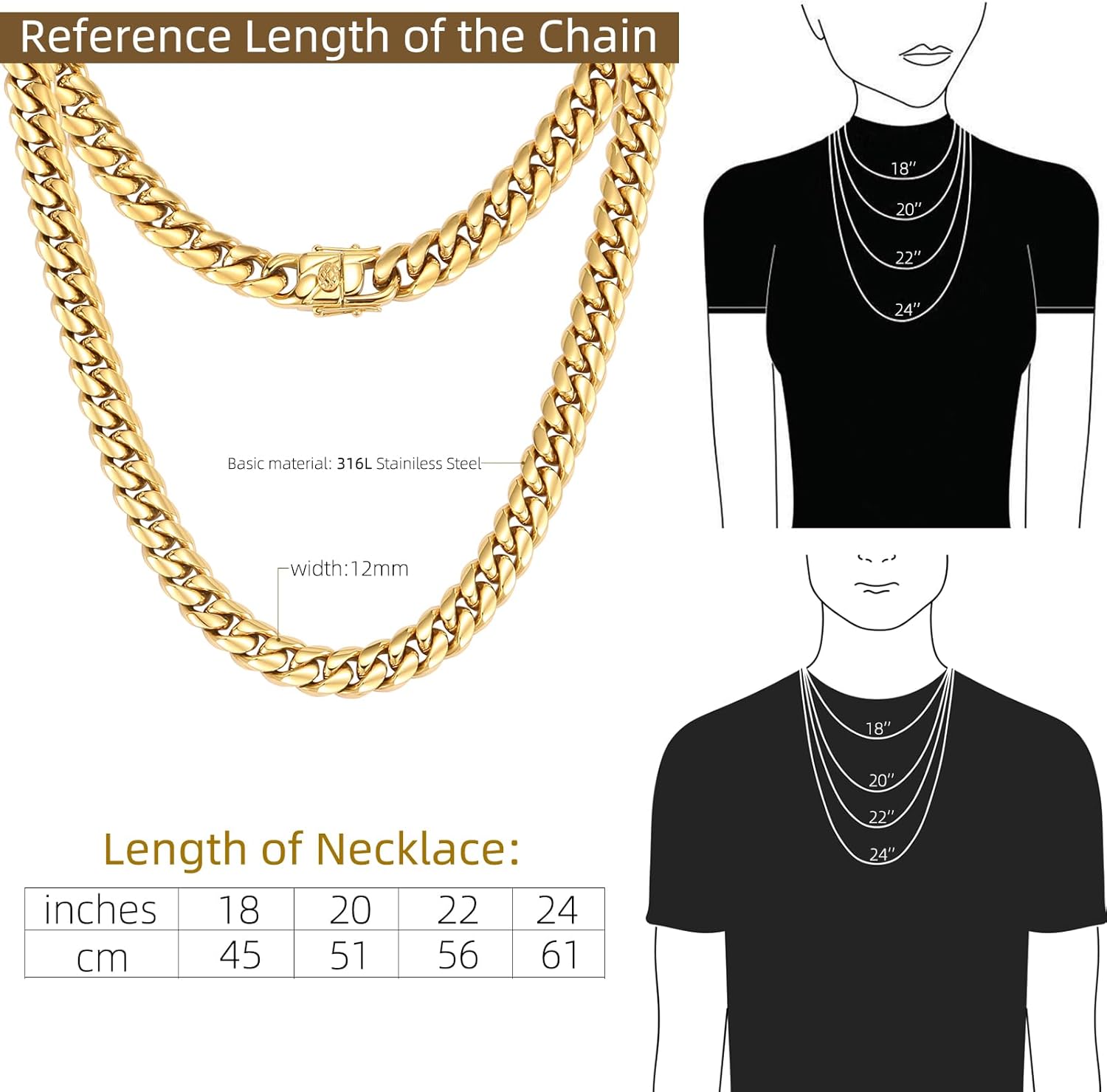 CaptainSteeL Miami Cuban Link Chain Necklace for Men/Women,316L Stainless Steel/Gold Plated 12MM Width 18"/20"/22"/24" Length,Thick Chain for men Hip Hop Jewelry with Gift Box - Image 6