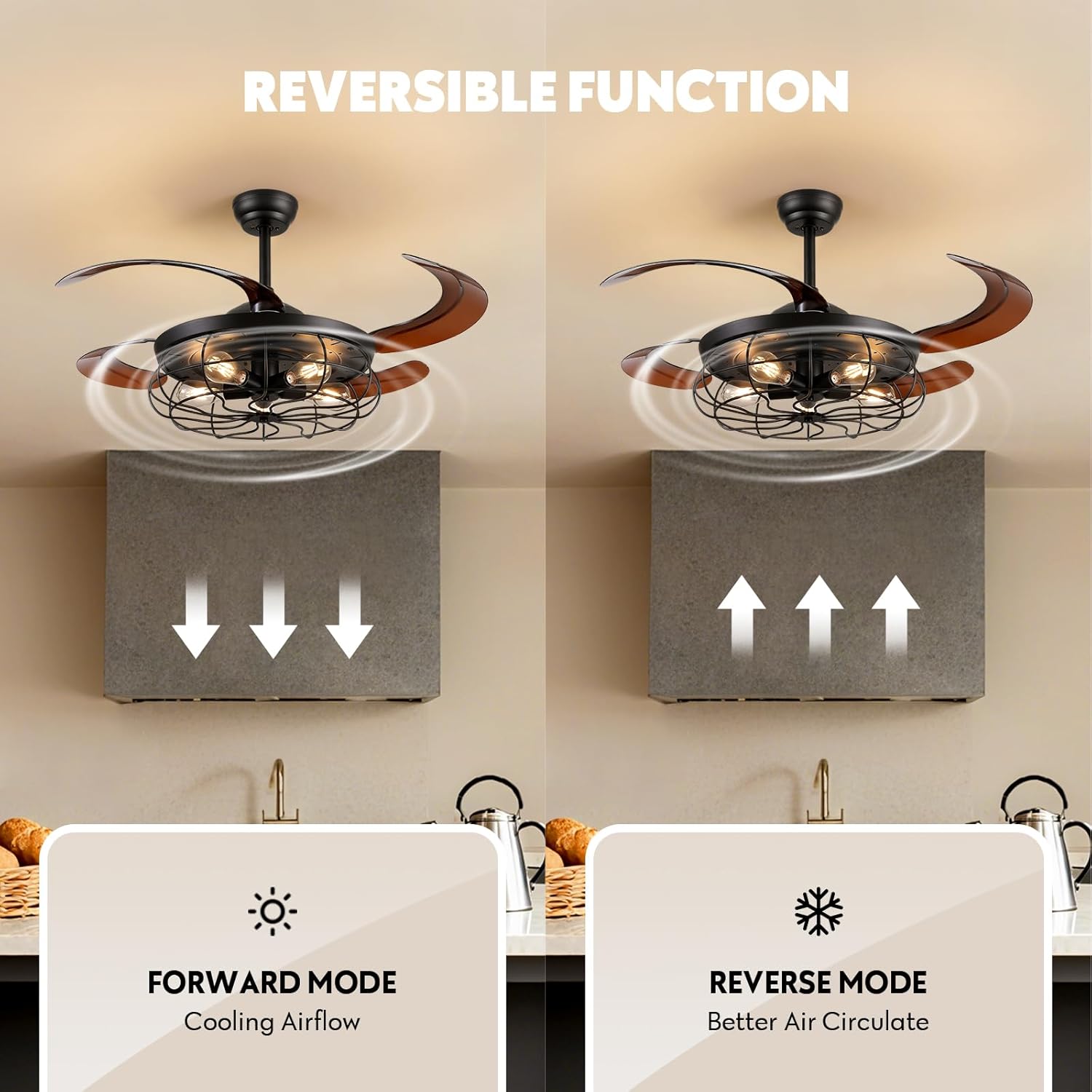 48" Industrial Caged Ceiling Fan with Light and Remote, Vintage Retractable Blades Ceiling Fan with Lights, Farmhouse Black Fandelier for Bedroom Living Room Dining Room