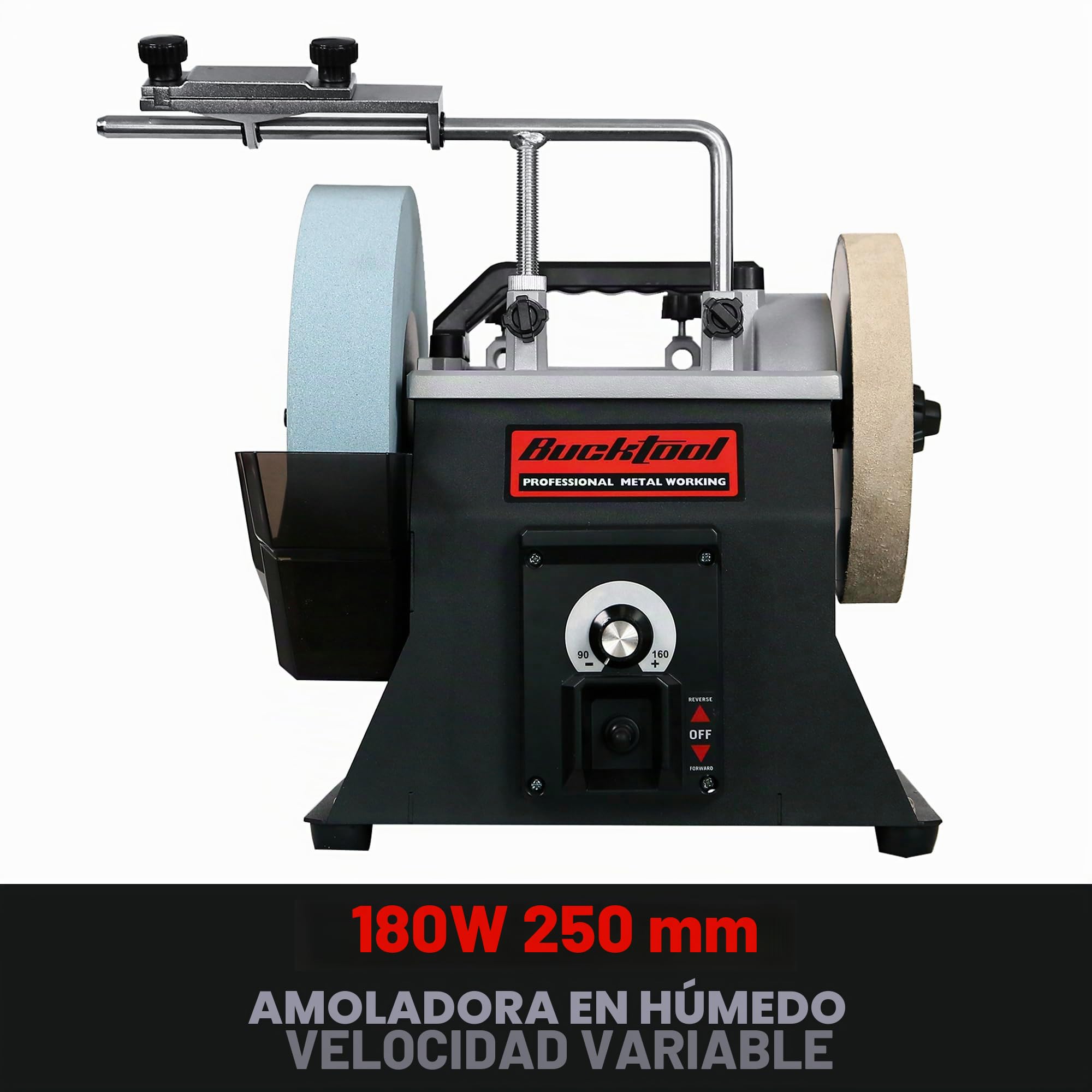 BUCKTOOL Afilador de velocidad variable de 250 mm, 90-160 rpm, sistema de afilado húmedo y seco de grano 220 refrigerado por agua en dos direcciones