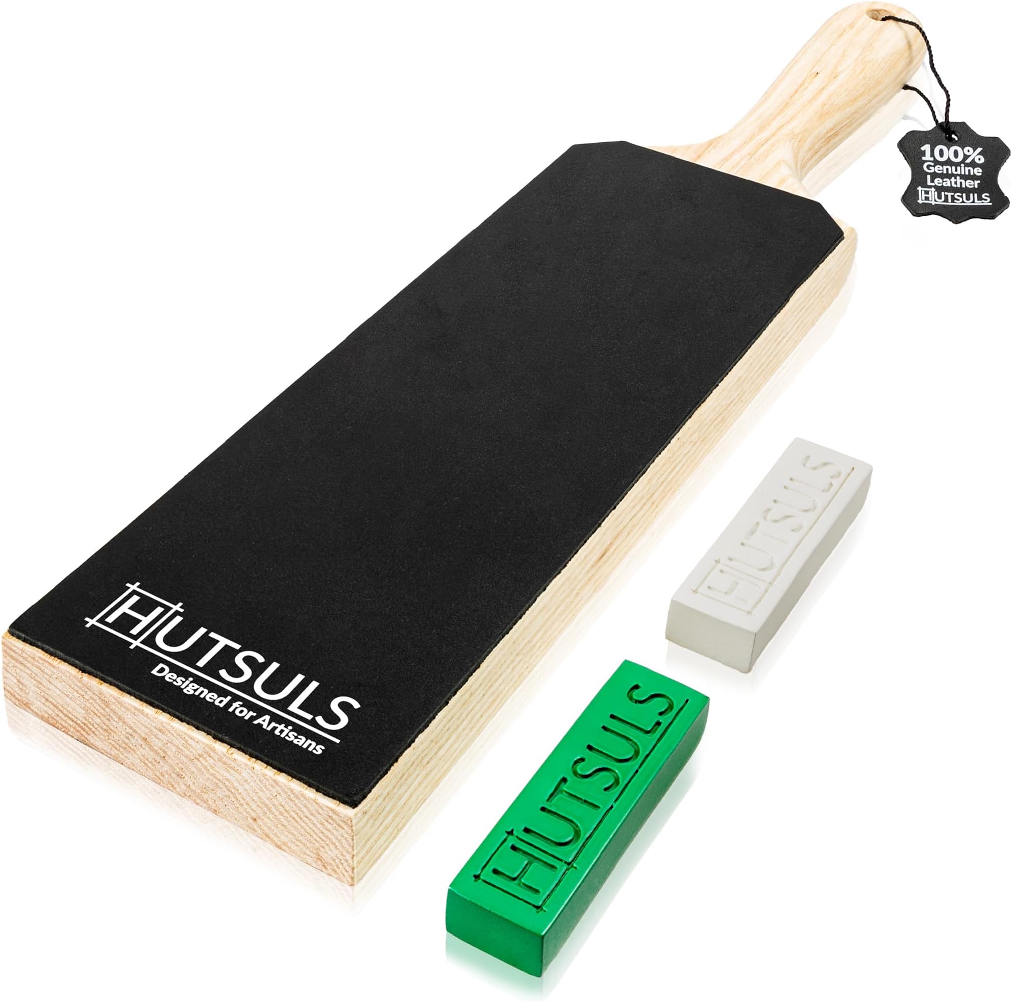 Hutsuls Leather Strop for Knife Sharpening - Get Razor-Sharp Edges with 3" x 9" Double Sided Paddle Strop Block, Easy to Use Knife Strop with Ergonomic Handle & Stropping Leather Knife Sharpener Guide