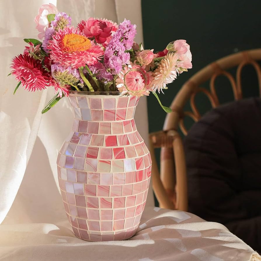 工芸品 Multi Glass Flower Vase (Pink) Amazon.com: Pink Vase for Flowers, Mosaic Flower Vases for