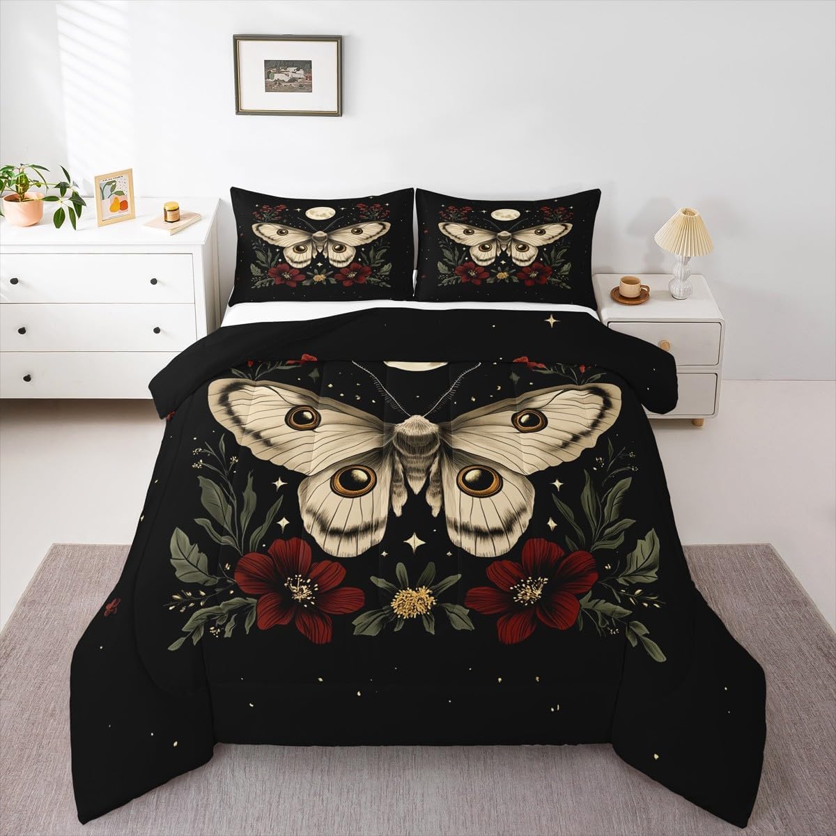 Feelyou Butterfly Comforter Set Queen Size Death Moth Bedding Set for Kids Boys Girls Boho Moth Duvet Quilt Gothic Bedroom Decor Microfiber 3 Pcs with 2 Pillow Cases