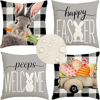 RABUSOFA Easter Pillow Covers 18x18 Inch Set of 4,Outdoor Waterproof Buffalo Plaid Rabbit Gray Welcome Peeps Easter Eggs Bunny Truck Spring Cushion Case Decoration for Sofa Couch