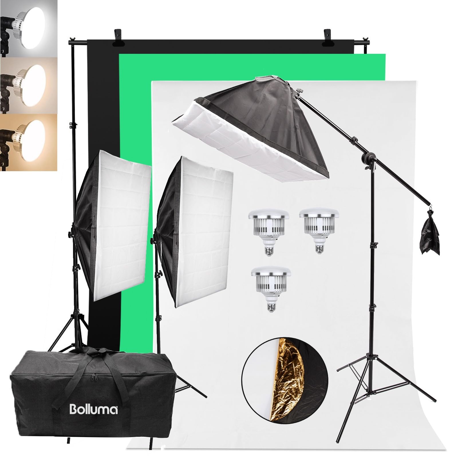 Kit Softbox professionale: 1x sistema di sfondo, 3x lampadina LED dimmerabile da 85W, 3x stativo per luce, 1x braccio a braccio, 3x softbox e 1x borsa di trasporto per fotografia studio