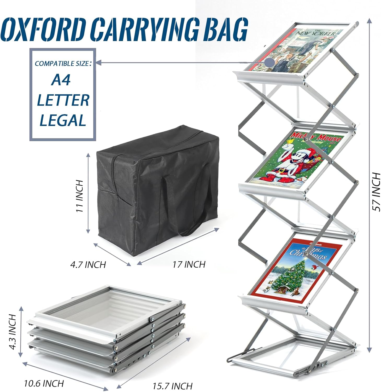 6 Pockets Aluminum Foldable Magazine Rack Floor, Brochure Holder, Brochure Magazine Display Stand, Literature Rack with Carrying Bag for Exhibition, Trade Shows, Office, Retail Store