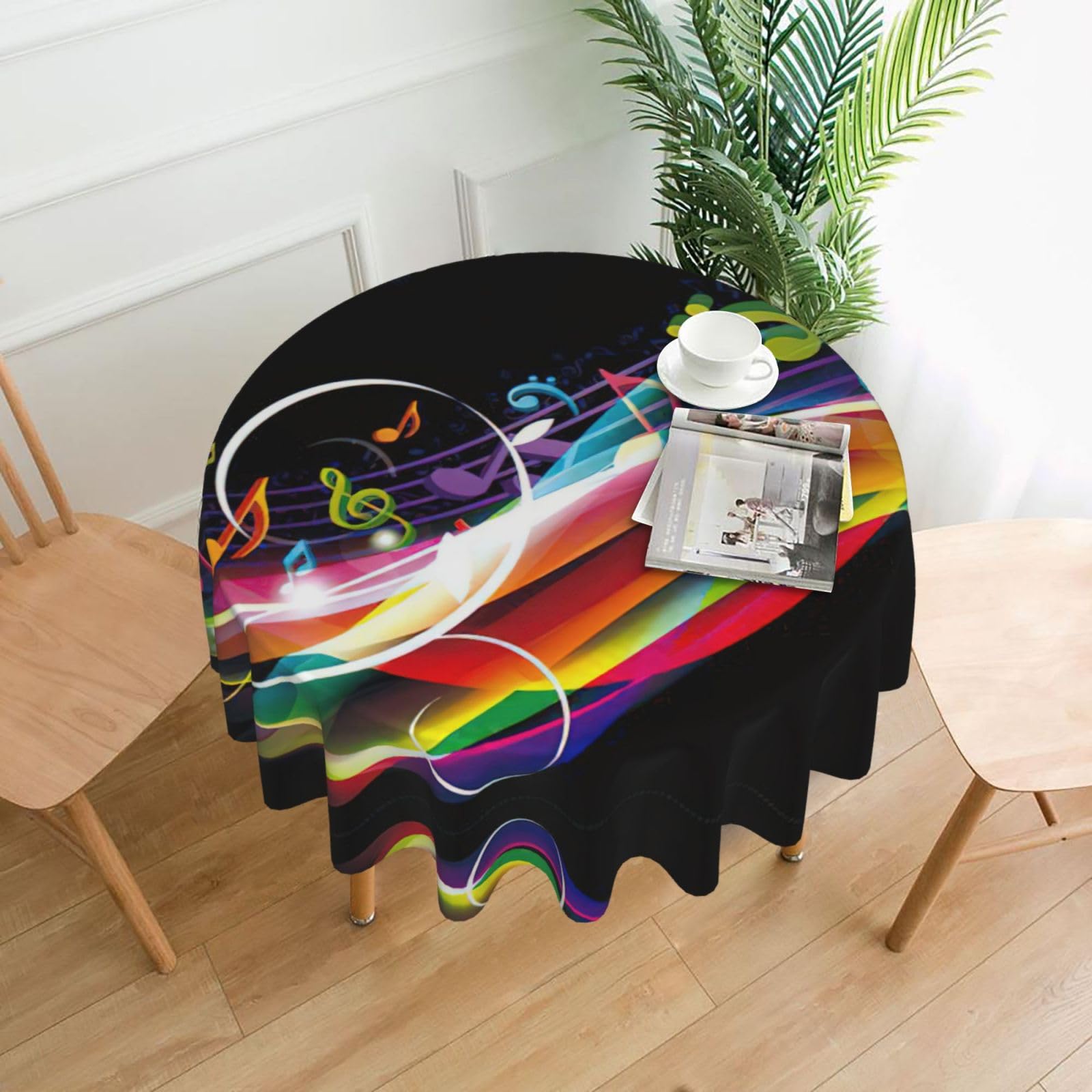 Uusnwaa Colorful Music Print Round Tablecloth 60 Inch, Stain Wrinkle Resistant Washable Polyester Table Cover For Kitchen Party