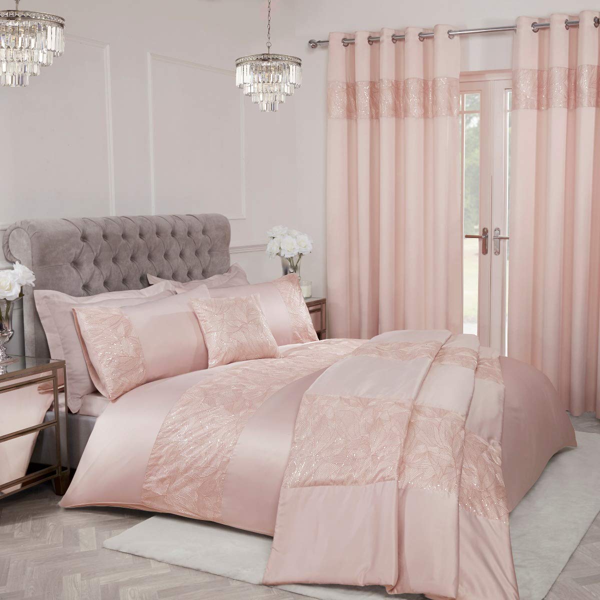 Sleepdown Sequin Leaf Floral Blush Pink Panel Band Luxury Duvet Cover Quilt Bedding Set with Pillowcases - Super King (260cm x 230cm)