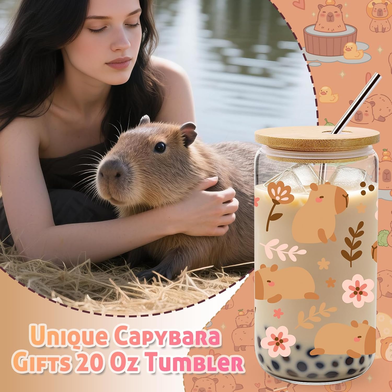 10 Pieces Capybara Gifts for Women, Cute Capybara Stuff with 16 Oz Glass Cup Tote Bag Makeup Bag Socks Hairband Keychain Sticky Notes Earrings for Capybara Lover Birthday Christmas Gift - Image 4