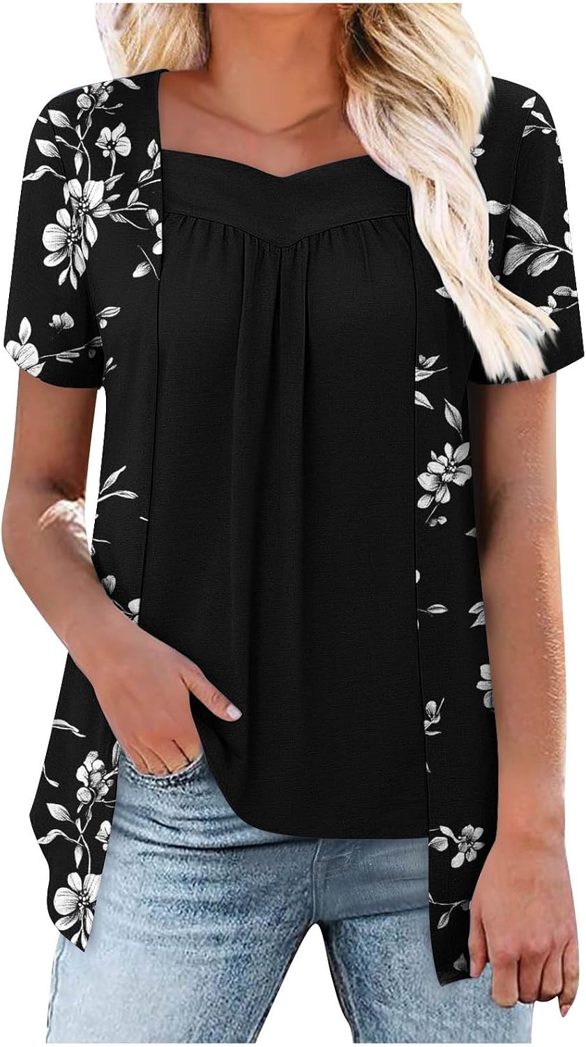 Casual Loose Fit T Shirts for Women Flowy Pleated Summer Tee Short Sleeve Square Neck Tunic Tops 2025 Trendy