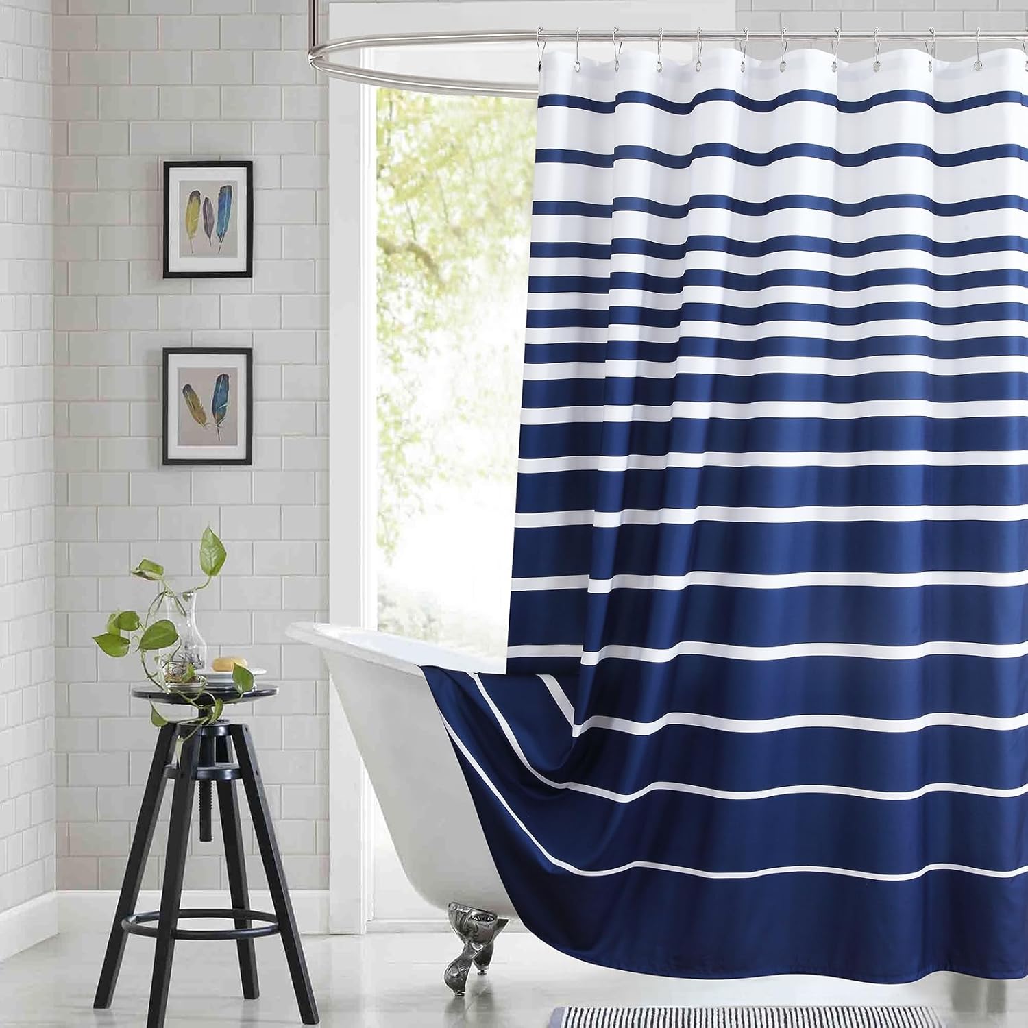 GASIYU Modern Navy and White Waterproof Stripe Fabric Shower Curtain, Ombre Striped Polyester Bath Curtain, Horizontal Stripe Coastal Bathroom Curtains, 62" W x 72" H