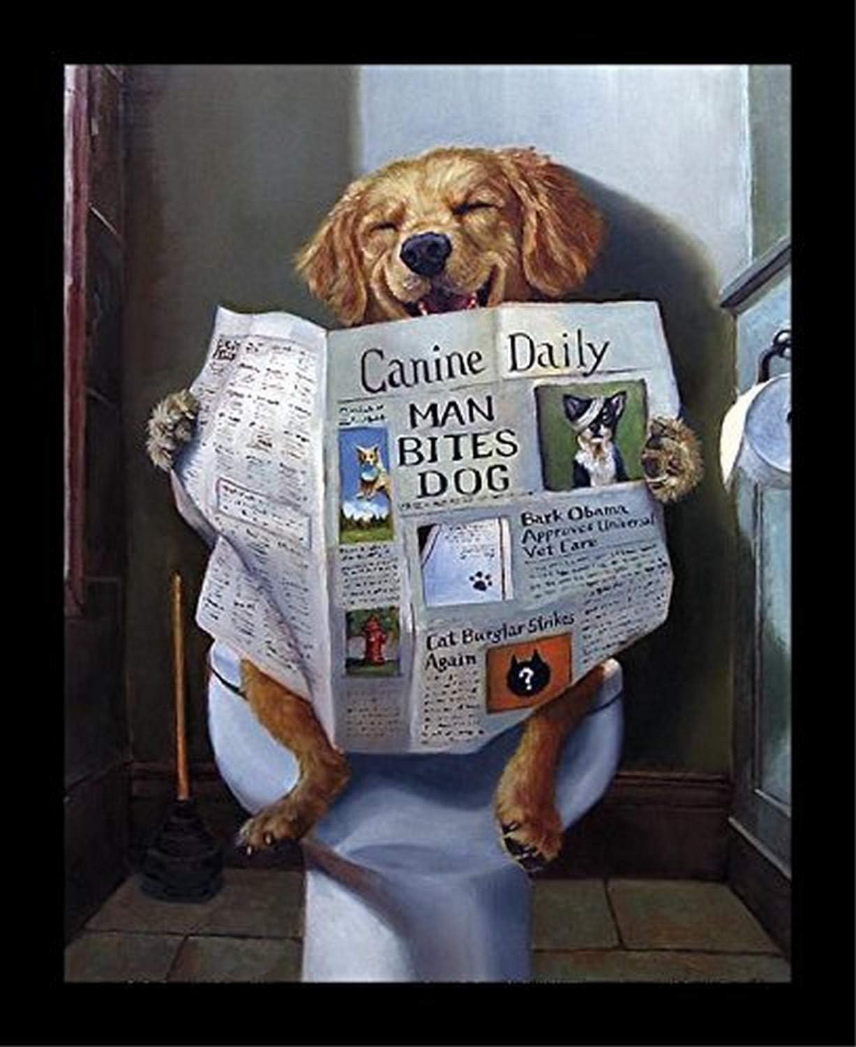 FRAMED Dog Gone Funny - Dog Reading Newspaper by Lucia Heffernan 10x8 Yellow Lab Art Print Poster Humor