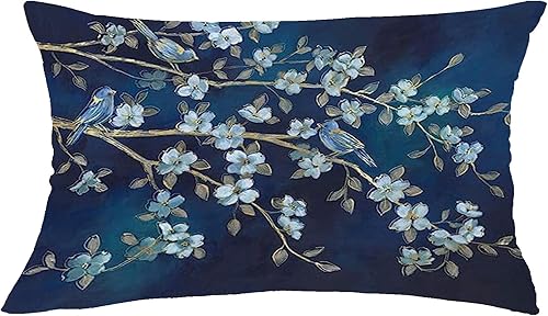 Funda de almohada decorativa con diseño de flores azules y pájaros para el hogar, sofá, cama, lino y algodón, funda de almohada rectangular, 12 x 20