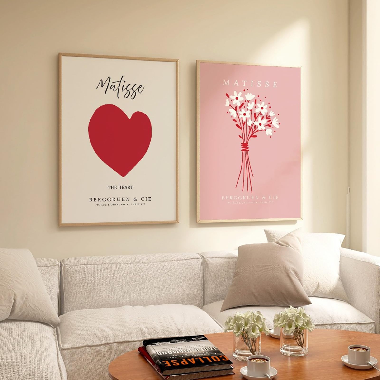 Zbello 1 Set Of 2 Posters, Abstract Matisse Red Heart Canvas Print, Pink Bouquet Aesthetic Art Prints For The Living Room, Bedroom And Home Decor, Unframed (21X30cm)