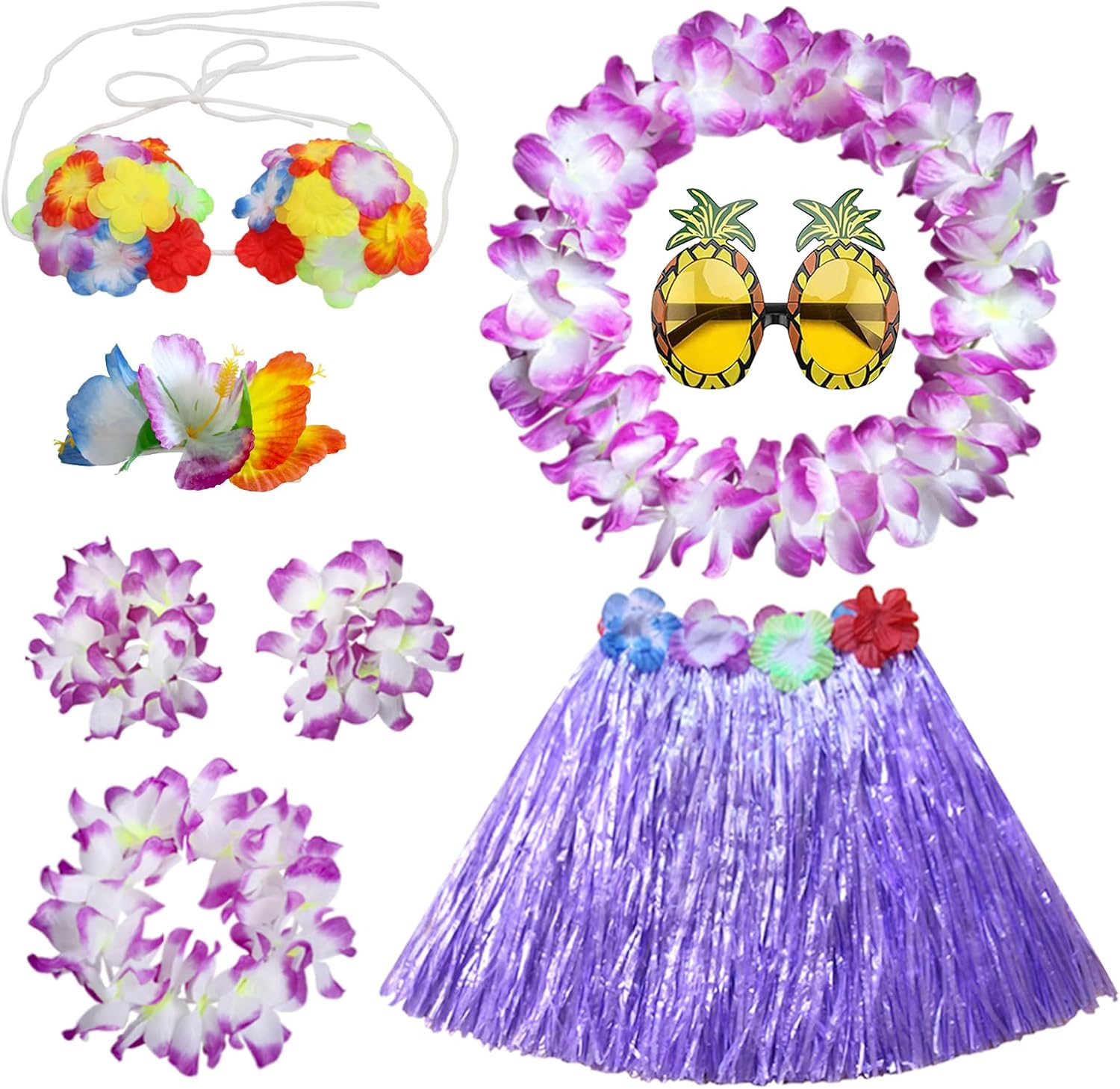 PHOGARY Hula Skirt Costume Accessory Kit Luau Party Dress Up for Girls, Hawaiian Hula Dancing Skirt Set with Flower Bikini Top, Hawaiian Lei, Hibiscus Hair Clip, Pineapple Sunglasses 40 CM Purple