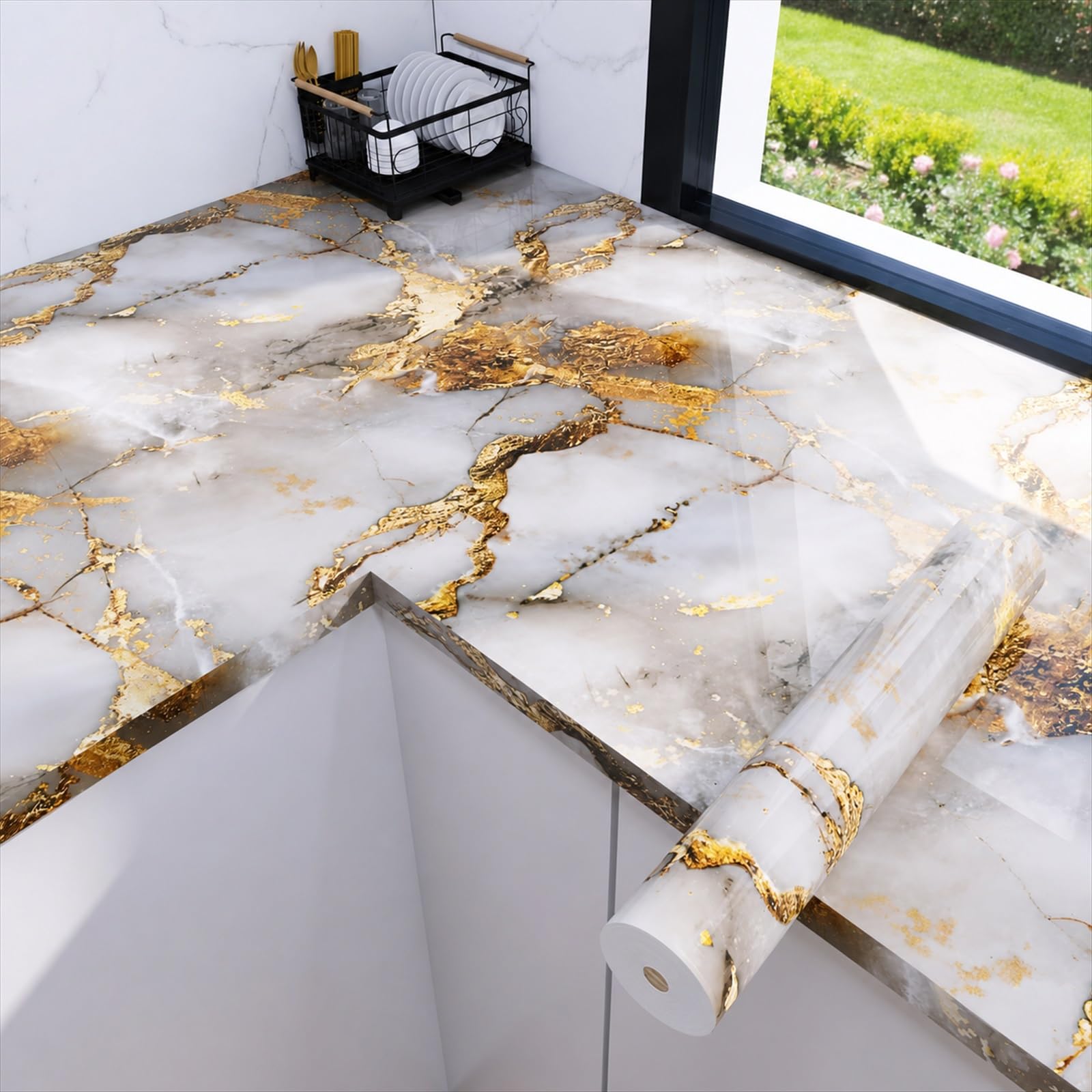 Lamas vinílicas adhesivas efecto mármol autoadhesivo para encimeras de cocina y muebles