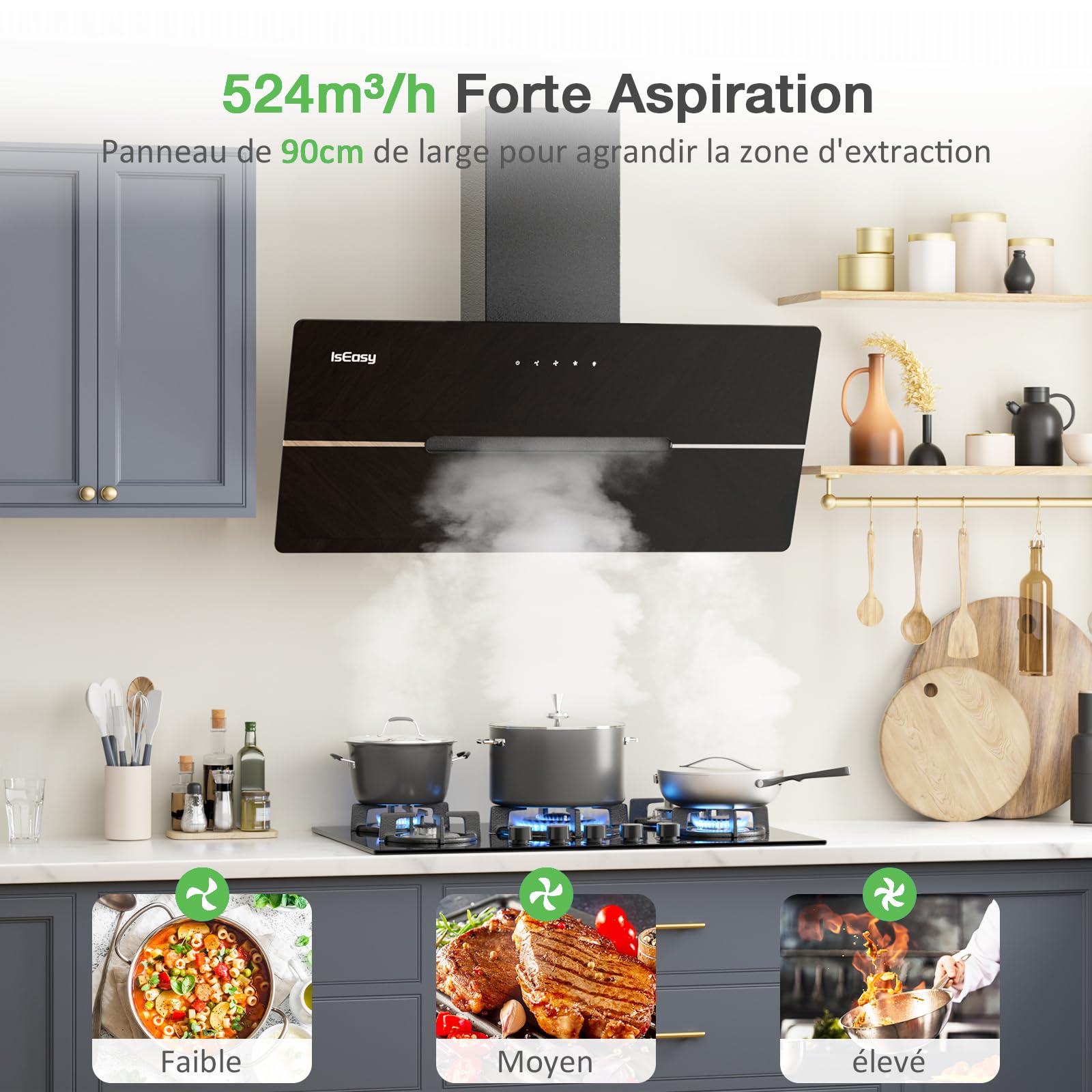Hotte Aspirante 90cm, IsEasy Hotte Aspirante Inclinée Noir, 578 m³/h Classe A++, 3 Niveaux de Vitesse, Éclairage LED, Hotte Murale Évacuation ou Recyclage, Filtre à Charbon Inclus